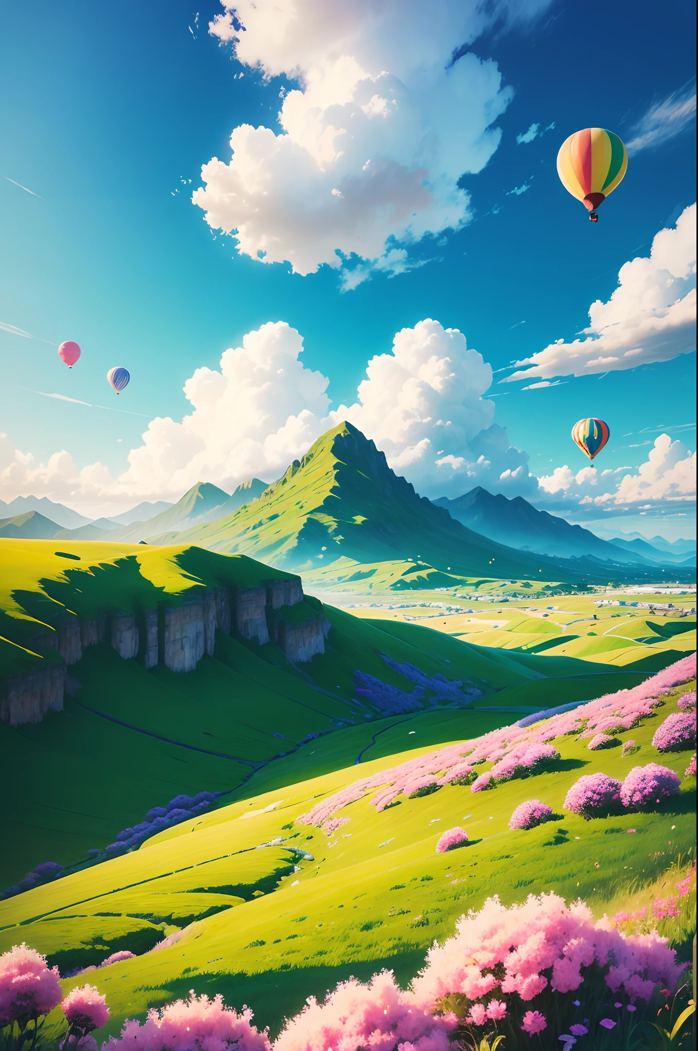 (Best quality,4K,A high resolution,),Vivid colors,Beautiful sky,Sunlight,Blue sky,Soft and fluffy clouds,Colorful flowers,Green mountains,Rolling hills,extensive grasslands,balloon,Slowly rise,coloful,Painted pearls in the sky.