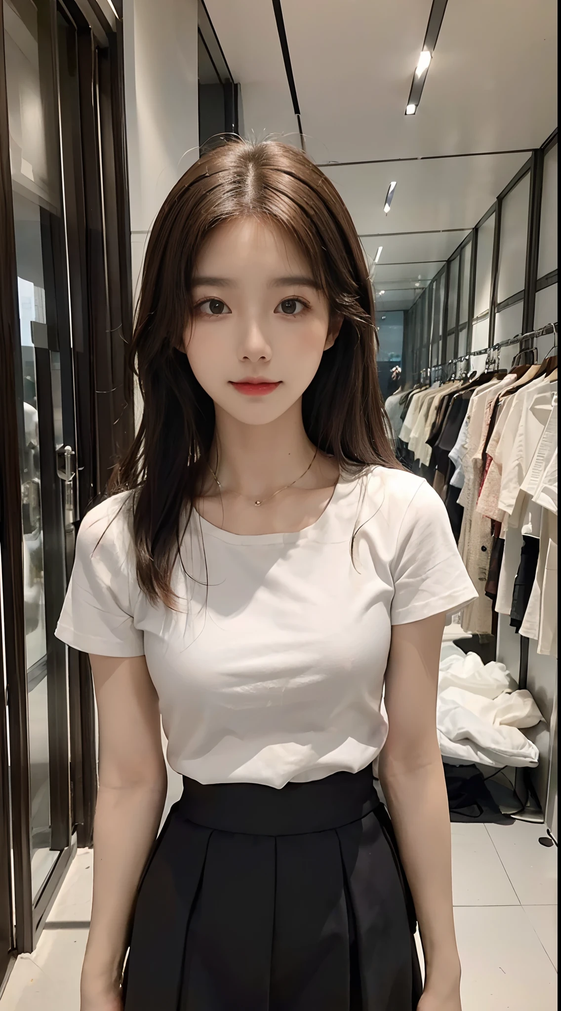 ((The highest image quality, 8K, tmasterpiece: 1.3)), Self-shot, Sharp Focus: 1.2, Cute beauty with perfect figure: 1.4, slim, ((Brown hair black)) , (white tee，pleatedskirt，Highly detailed face，Happy expression，standing on your feet：1.2），（（Blue Sky City 1.3. Produced mainly by women）），Highly detailed facial and skin texture，Detailed eyes，二重まぶた,Delicate skin,realskin