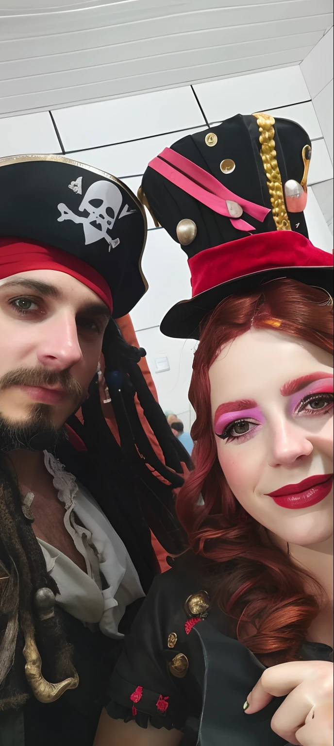 They're dressed up for a pirate party with a pirate hat, com um parceiro pirata do sexo masculino, Tema pirata, Postagem no Reddit, fantasy themed, imagem de perfil, Piratas, sea of thieves style, contatos vermelhos, Foto de closeup no NYC Comicon, Cosplay, olhando parcialmente para a esquerda, Foto de perfil, pirata, roupas piratas, vestido com roupas crustpunk, roupas piratas