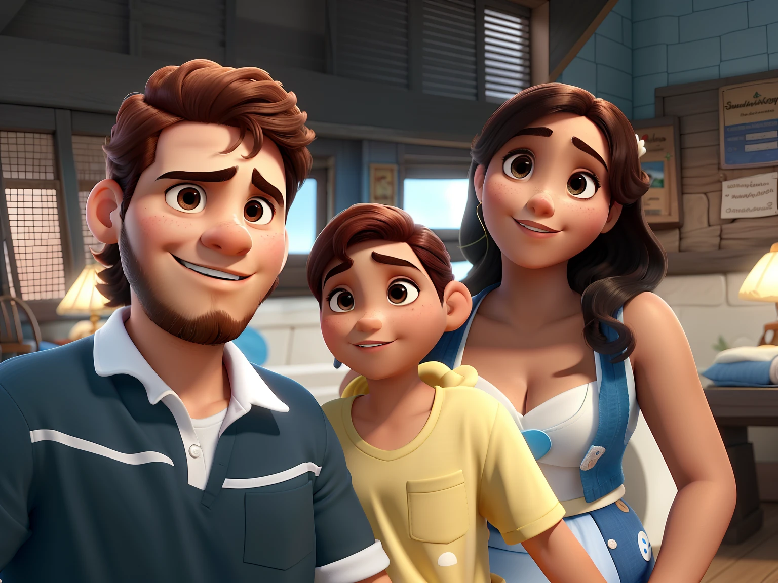 Uma mulher morena, com sobrancelha , um de 5 anos moreno com cabelo crespo, com sobrancelha, um homem branco sem barba, estilo disney pixar. alta qualidade, melhor qualidade