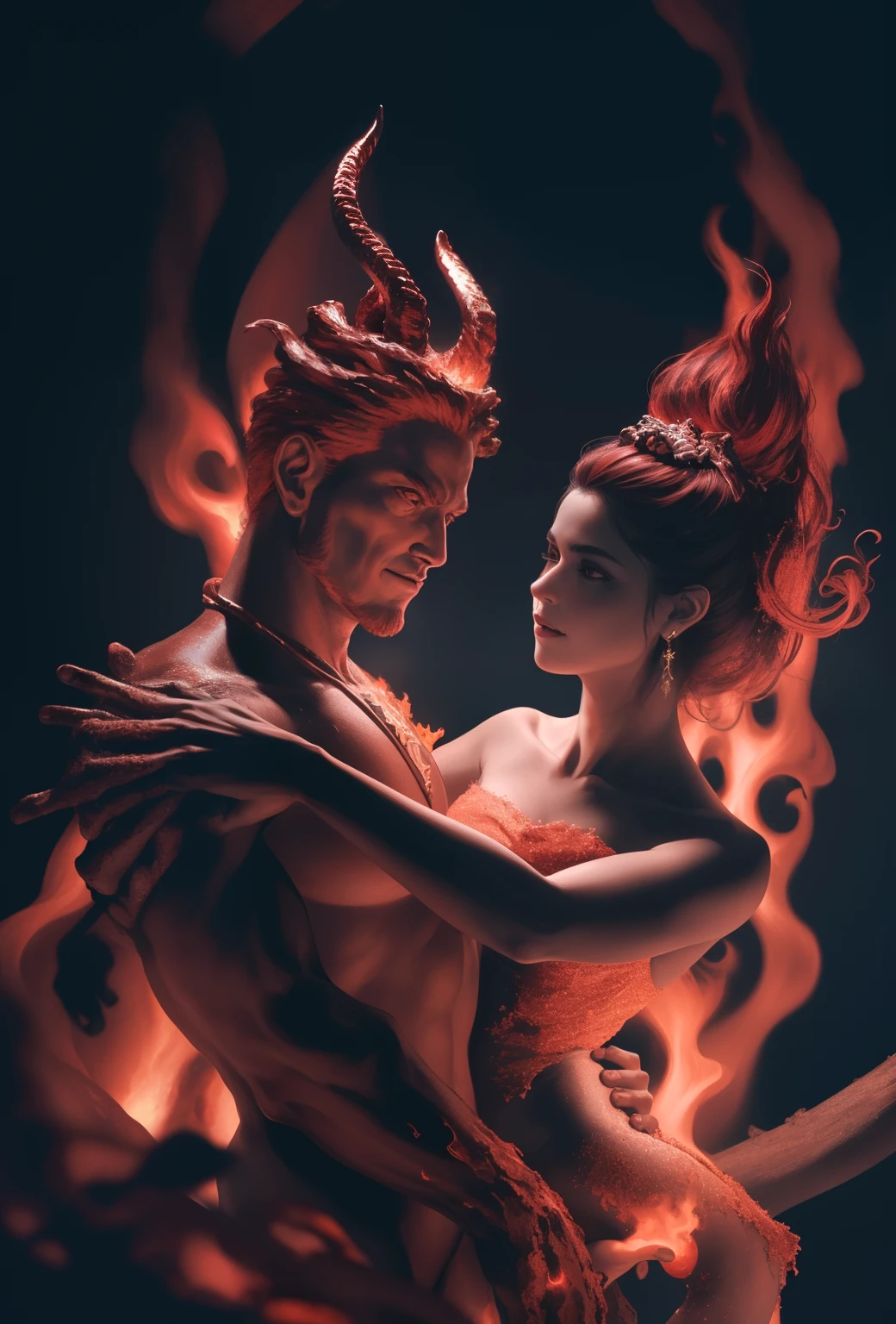 Hay una estatua de una mujer y un demonio en un fuego, satan in hell, Antecedentes del infierno, Diosa de la lava y el fuego de formas voluptuosas, Ilustraciones intrincadas. Renderizado de octanaje, 8k, 32k render foto, Hermosa y elegante reina demonio, La batalla final en el infierno, red and cinematic lighting, Arder en el infierno, Foto tomada de una epopeya intrincada, Demonio masculino en forma con cuernos negros