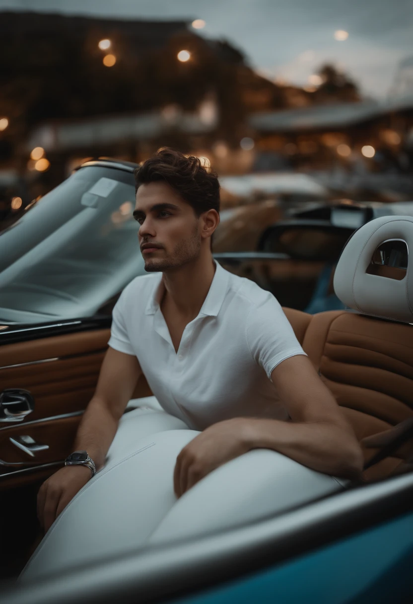 Jovem loiro de olhos azuis acima do peso com um carro Honda Civic ej1 1994 branco(Estilo Pixar) (master part:1.2) (Bokeh) (best quality) (pele detalhada) (textura detalhada) (8k) (argila) (Cinematic lighting) (foco nítido