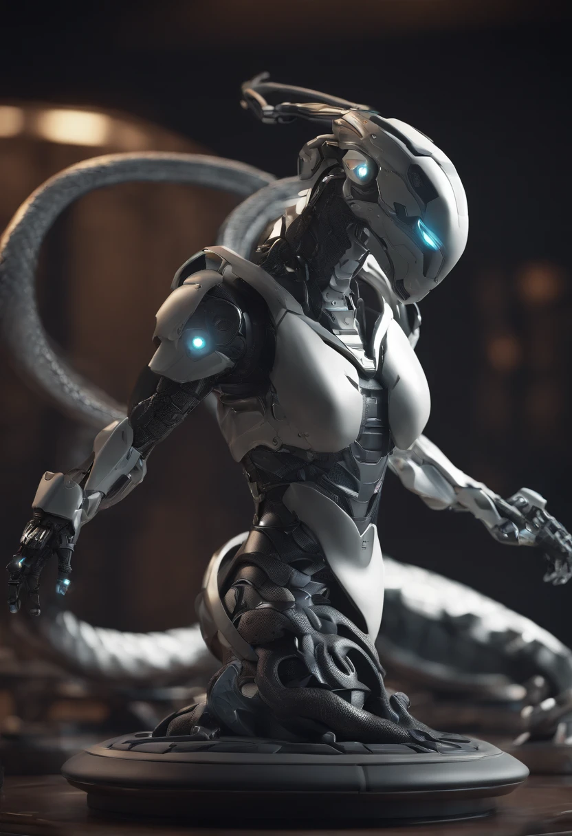 Viper Mecha, corpo inteiro, soio, Cyberpunk, Delicate Snake Head Head, caixa cega popmart, textura de argila, Pisando na Terra, Fundo preto e branco, bonsai, Base Redonda, natural lightting, best quality, ultra detalhe, Arte 3D, c4d, Renderizador OC, 3D rendering, 8k