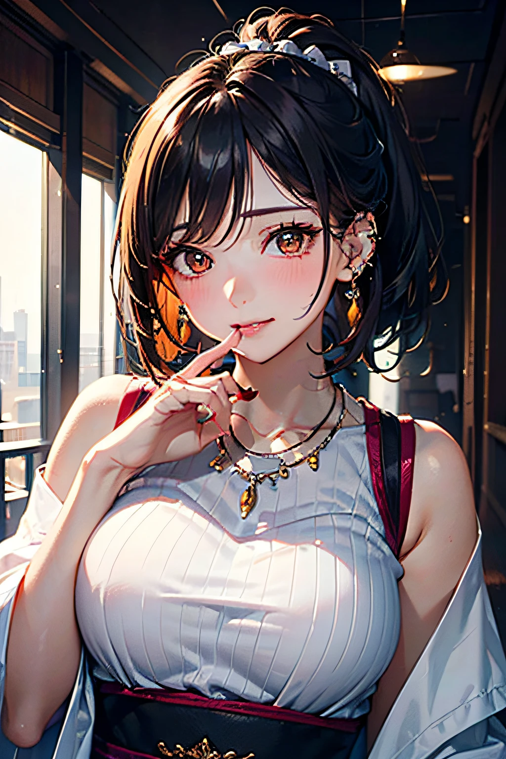 one girls,hair pin,a necklace,piercings,from below looking up,pointed red mouth,Blushing cheeks,He looks at the viewer with embarrassment,large full breasts,(Short hair with shiny silver and orange stripes,Ponytail decorated with elaborate braids and beads,Show your forehead with your hair back,),(Professional Lighting),(8K,masutepiece,top-quality,Ultra-high resolution output image,),(intricate detailes,),(Image Mode to Ultra HD),depth of fields,Beautiful hands,Beautiful fingers,Detailed finger features,Detailed hair features,detailed facial features,detailed clothes features,