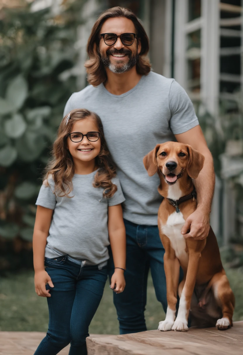 Pixar. Casal com um filhote de cachorro beagle marrom. A menina tem os cabelos loiros amarrados, Camiseta cinza e jeans claro, white glasses. O menino de cabelos pretos com cabelos grisalhos, barba pequena, oculos, Dark blue jeans and gray t-shirt. They are both smiling and are 40 years old