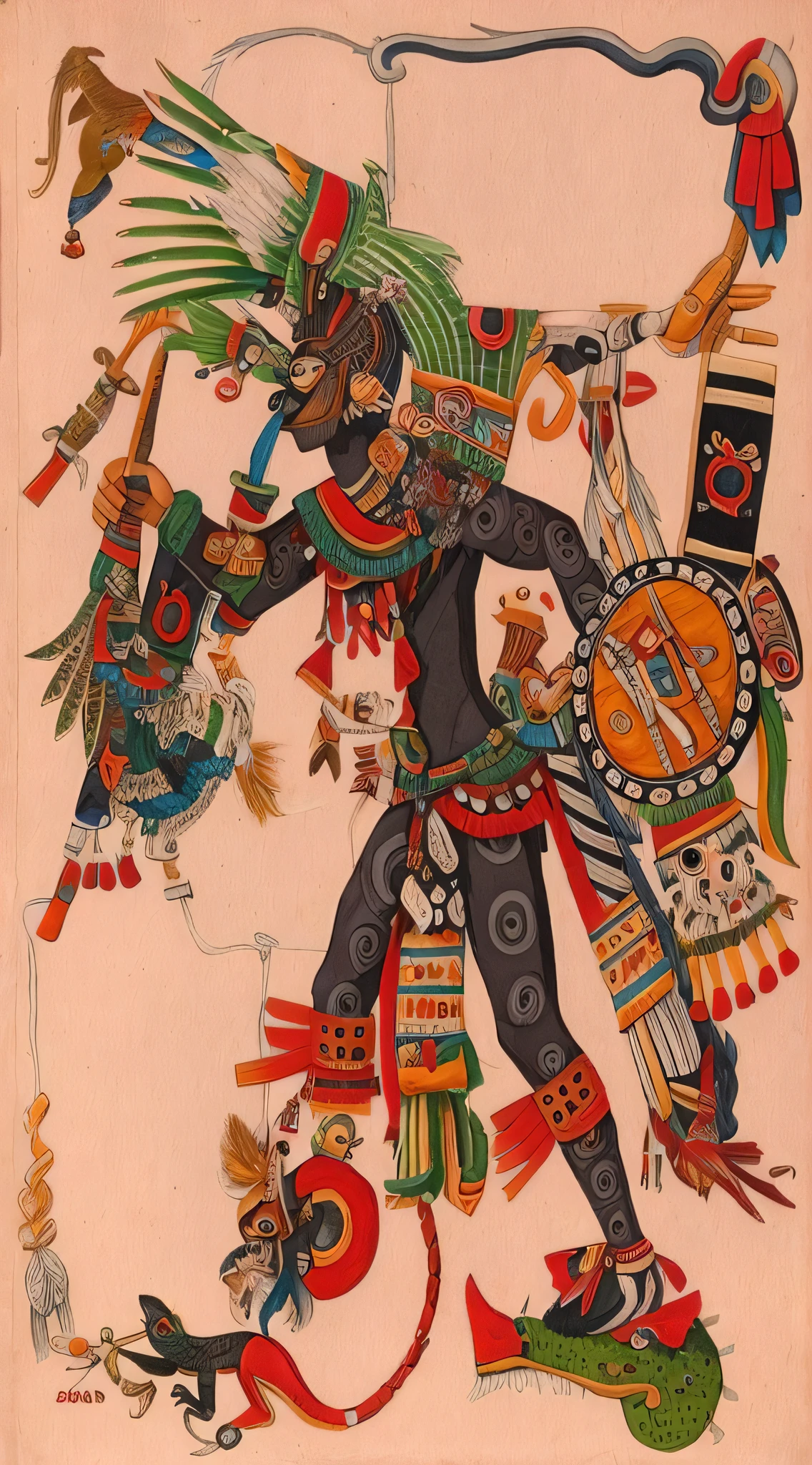 an image of a drawing of a man with a sword and a bird, aztec yaotl warrior, aztec mythology, an aztec warrior, aztec god, aztec iconography, azctec warrior, classic mayan mythology, quetzalcoatl, portrait of quetzalcoatl, aztec warrior, aztec warrior goddess, tenochtitlan, mayan god
