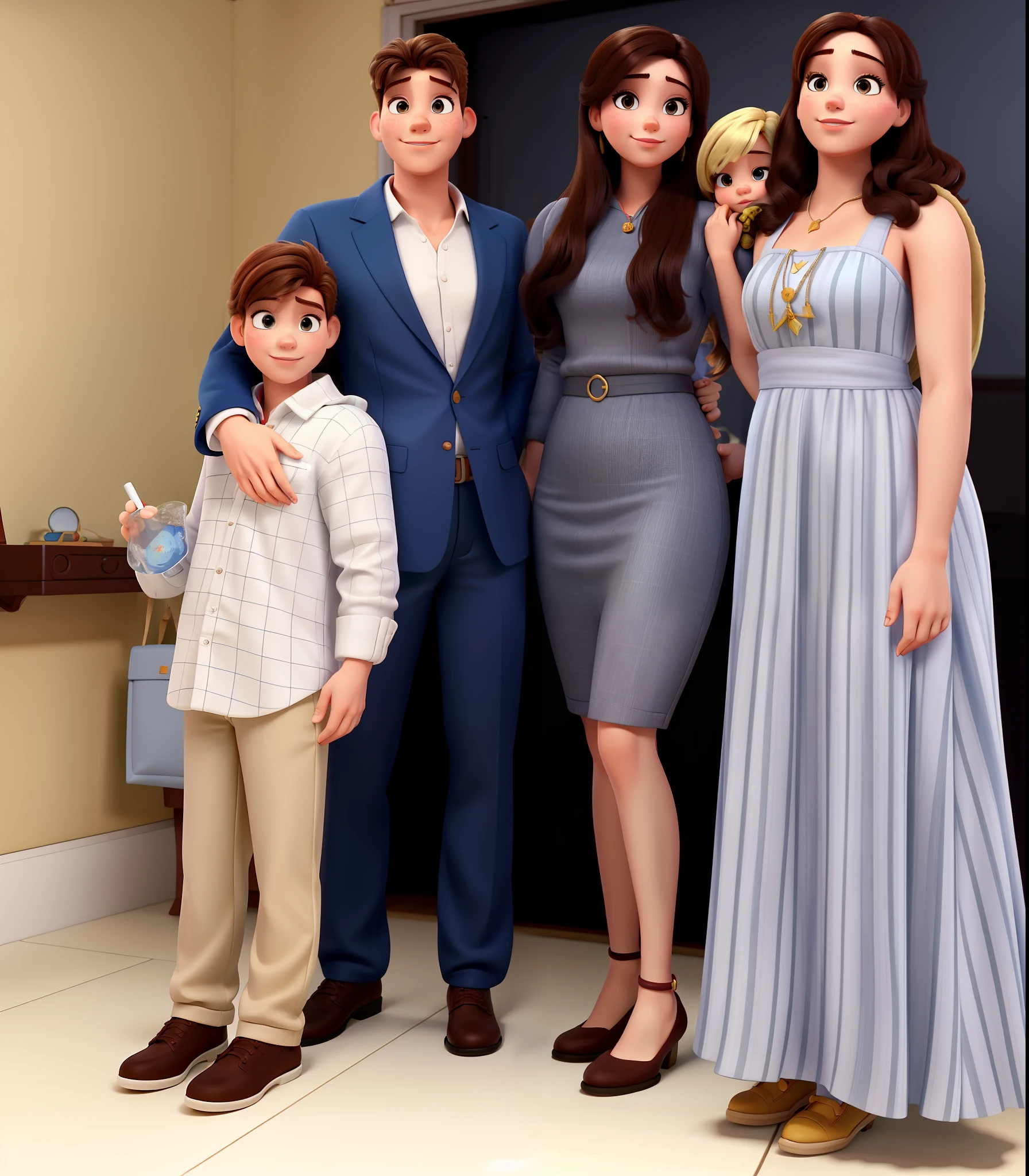 Casal (homem moreno e mulher branca) e filhos, brunette girl and blond boy, no estilo Disney Pixar, alta qualidade, melhor qualidade.