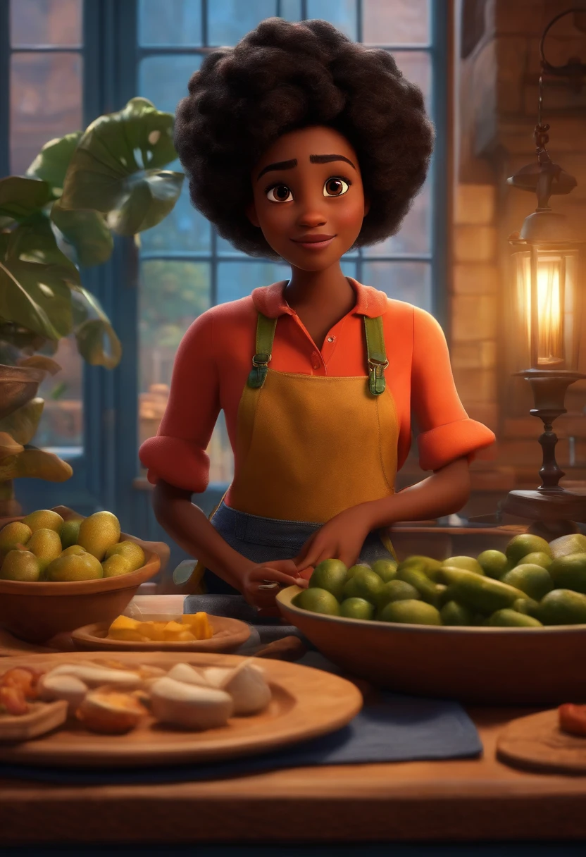 Um filme inspirado na Disney Pixar ( NEGRA JOVEM COM CABELO LONGO CACHEADO PRETO) dentro A cena estar na arte distinta do estilo PIXAR, descolada e estilosa