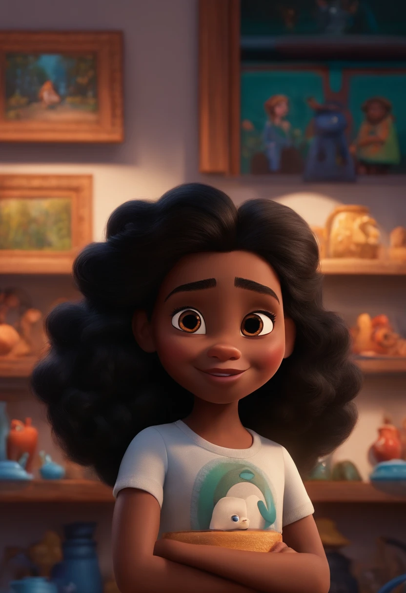 Um filme inspirado na Disney Pixar (MENINA NEGRA JOVEM COM CABELO LONGO CACHEADO PRETO) dentro A cena estar na arte distinta do estilo PIXAR, descolada e estilosa