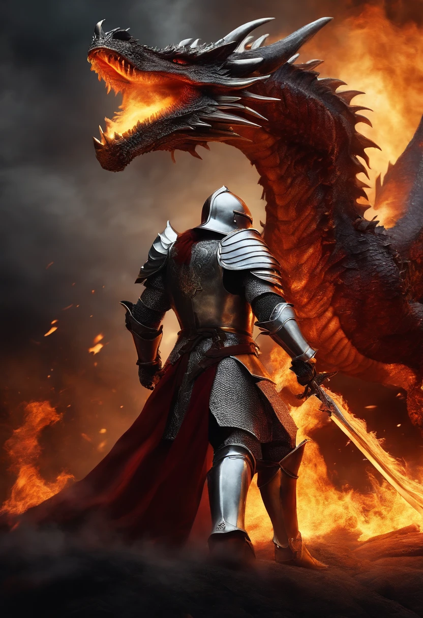 Knight in silver armor fighting with a huge fire dragon