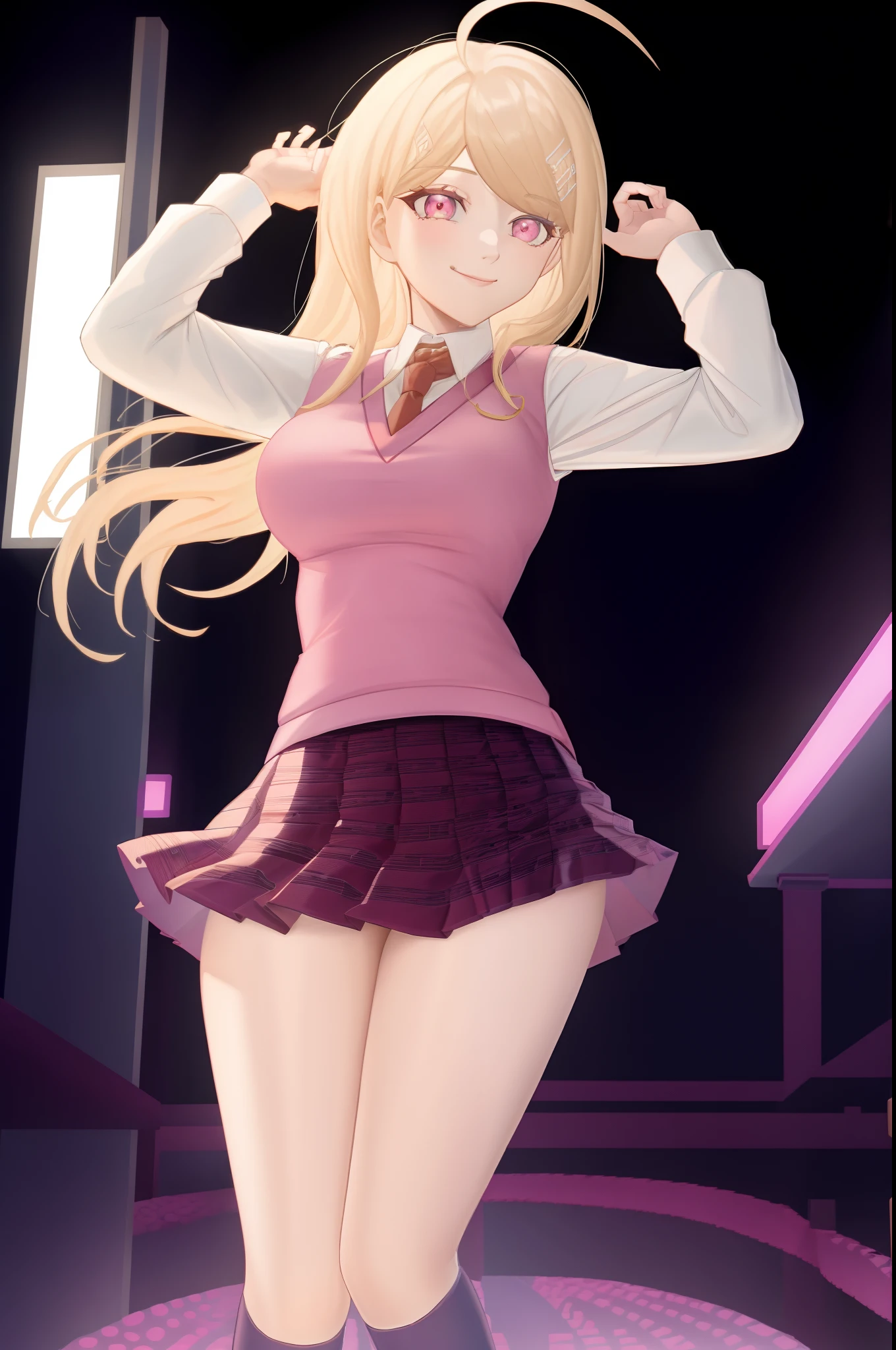 Girl hand, Masterpiece, Best Quality, KaedeDG, (1girl:1.4), necktie, sweater vest, breasts, shirt, long sleeves, solo, beamed eighth notes, white shirt, collared shirt, medium breasts, school uniform, (wind lift:0.8), (panties:0.8), (pretty butt:0.8), smile, solo, (from behind:1), (from below:0.8), (Full body:1.3)