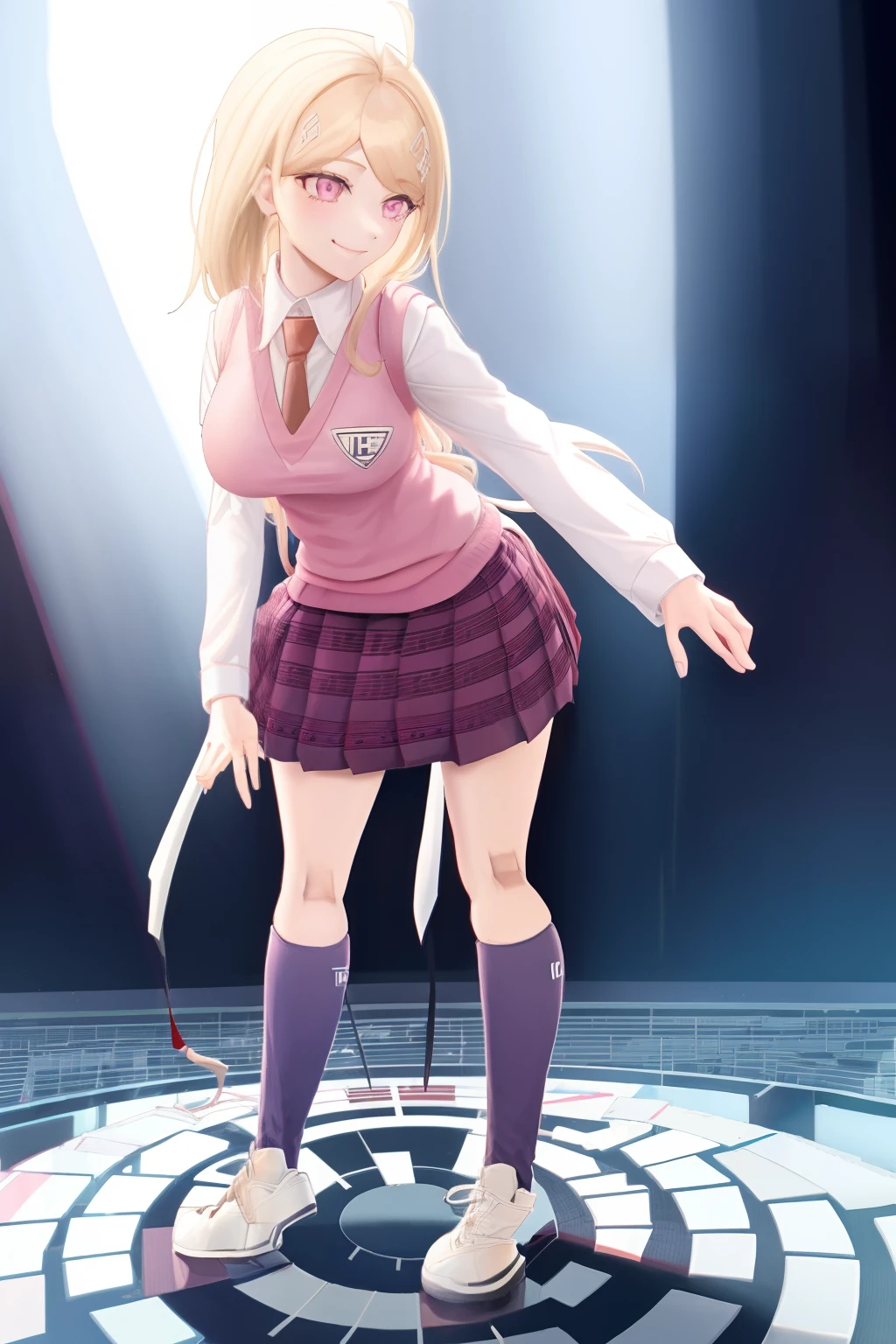 Girl hand, Masterpiece, Best Quality, KaedeDG, (1girl:1.4), necktie, sweater vest, breasts, shirt, long sleeves, solo, beamed eighth notes, white shirt, collared shirt, medium breasts, school uniform, (wind lift:0.8), (panties:0.8), (pretty butt:0.8), smile, solo, (from behind:1.4), (from below:0.8), (Full body:1.5)