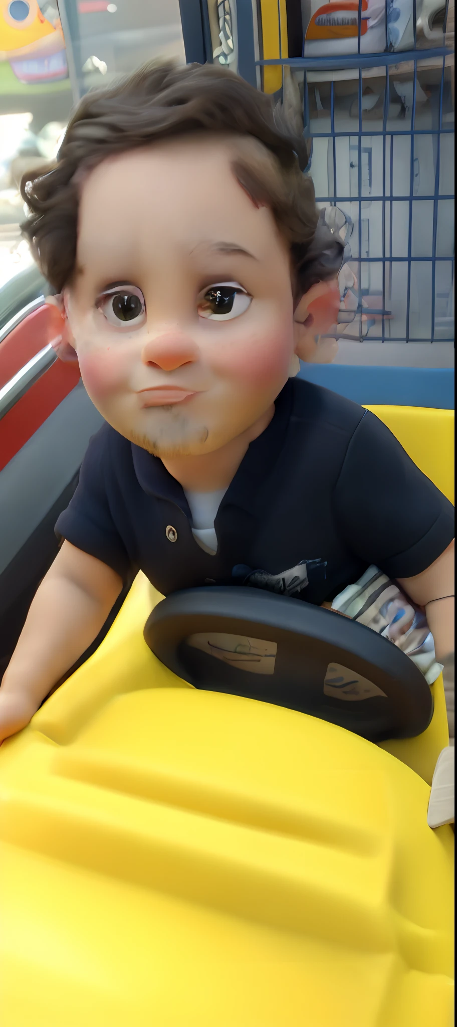 There's a baby sitting in a toy car in a store, taken with the best dlsr camera, curious expression, dirigindo em um pequeno carro de brinquedo, Looking at camera!!!, taken with a canon dslr camera, intense expression, na pista de corrida, taken with sony a7r camera, Tomado com Sony Alpha 9, !! looking at the camera!!, Innocent face: Create a Pixar-style scenario using the face of the baby in the stroller with the caption Theo's Adventures