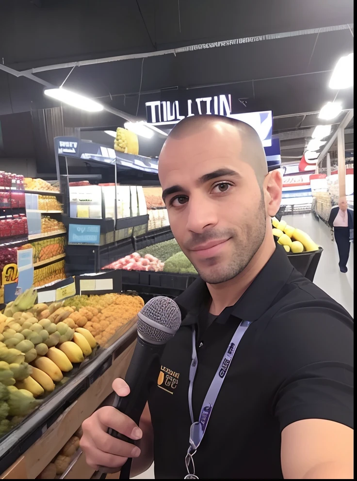Arafed Man Holding a Microphone in Front of a Banana Display, foto para uma loja, ficou em um supermercado, Directed by: Rafail Levitsky, Fotografia selfie 8k, foto de perfil, david rios ferreira, imagem profissional, ((em um supermercado costco)), imagem de perfil, vibe comercial profissional, looking-into-camera, Looking towards the camera