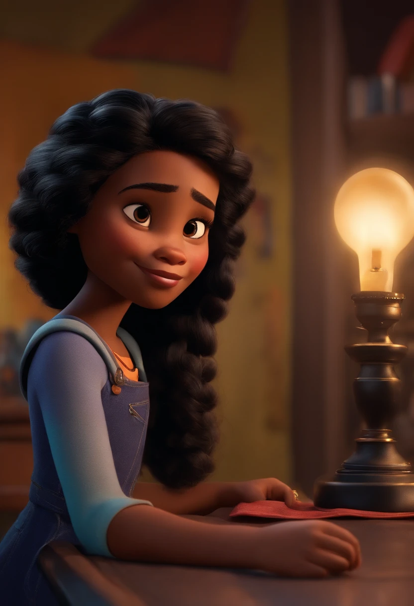 Um filme inspirado na Disney Pixar (MENINA NEGRA JOVEM COM CABELO LONGO CACHEADO PRETO) dentro A cena estar na arte distinta do estilo PIXAR, descolada e estilosa