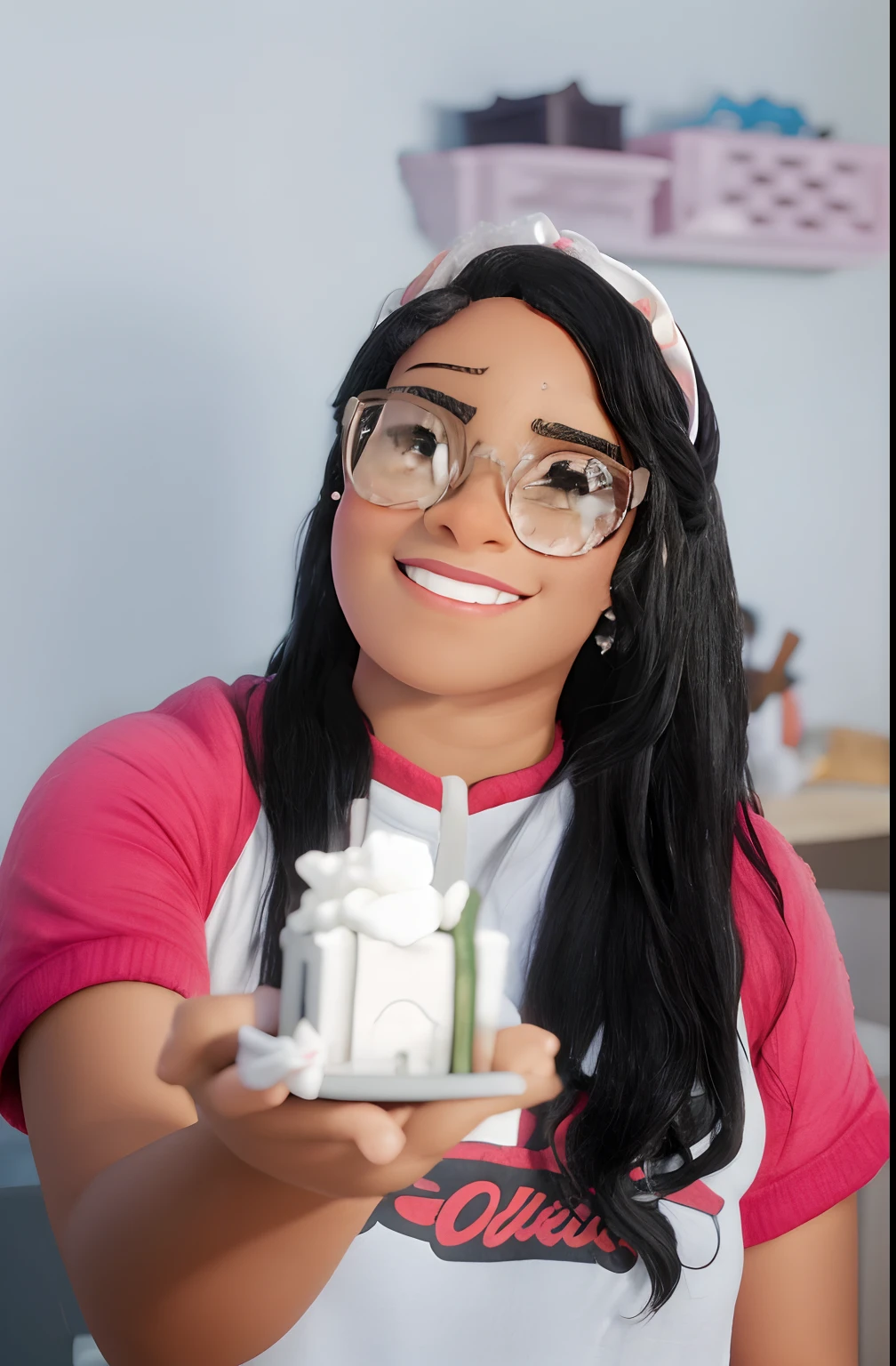 Capa de filme estilo Disney, A black girl with glasses, pele escura e cabelo encaracolado que trabalha como confeiteira, segurando um doce com formato de castelo.