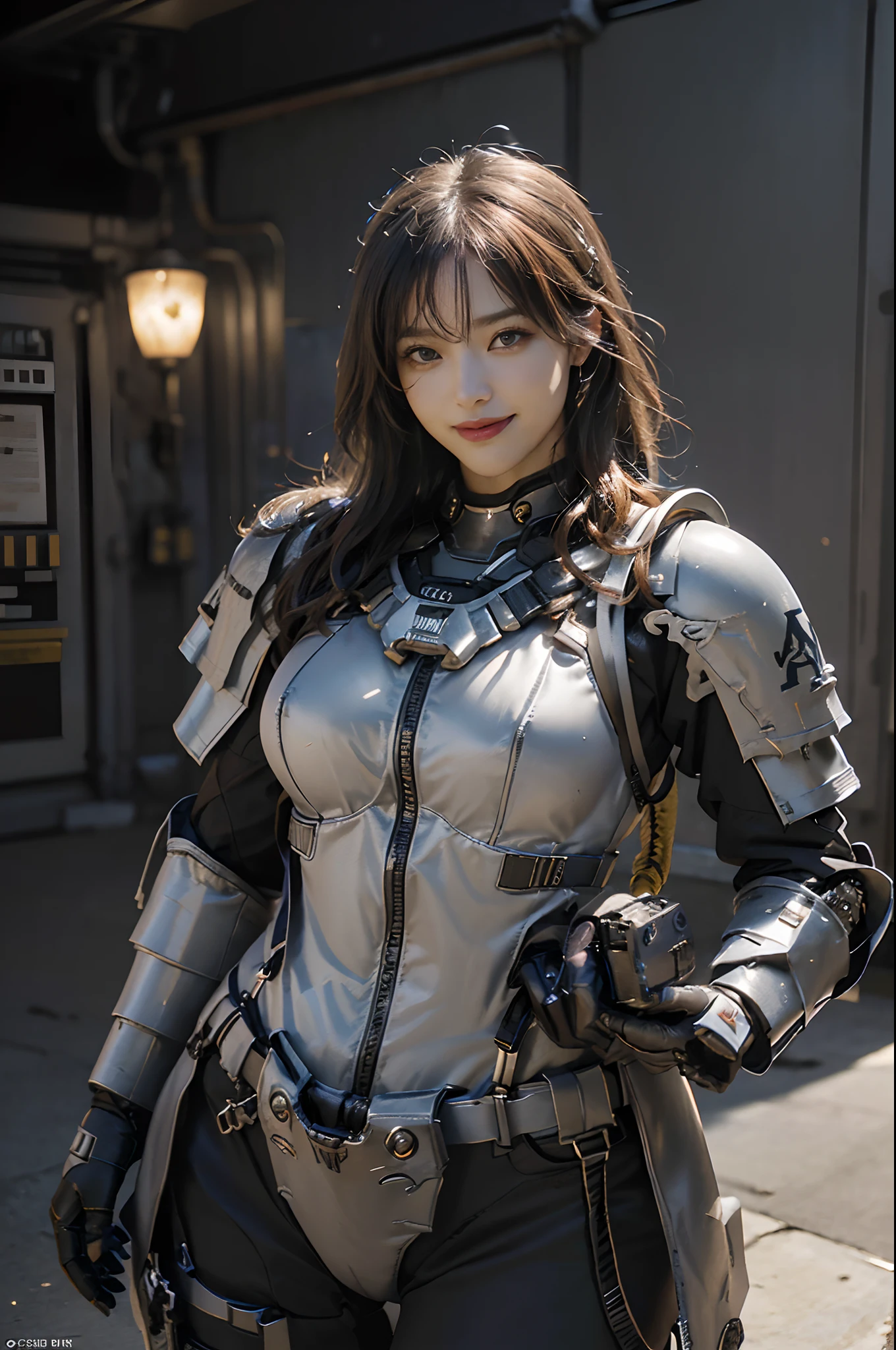 (Highest image quality, outstanding details, ultra-high resolution), 1 girl, suit((futuristic military outfit, GKT, grey knights terminator armour, military harness, military gears such as pouches)), (glamour body, curvy body, buffed and muscular body, tight abs, ), background military base, bright smile with pleasure and excitement, dynamic pose, dramatic lighting, full body shot