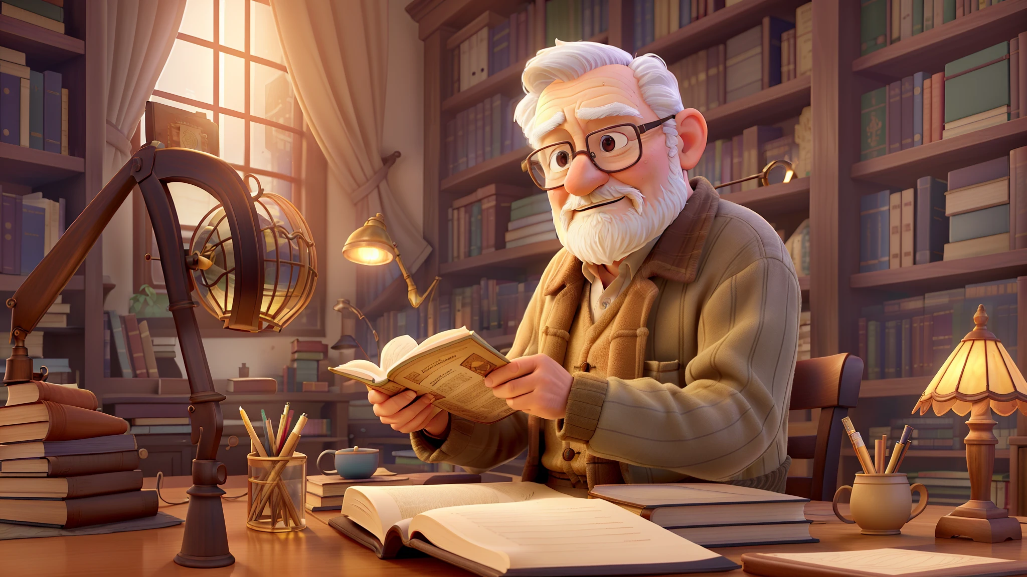 (a wise old man standing in front, illuminated by the light of a lamp, against the backdrop of a library),best quality,4k,8k,highres,masterpiece:1.2,ultra-detailed,realistic,photorealistic:1.37,portrait,aged man,gray beard,wisdom,serious expression,piercing eyes,glasses,intense gaze,well-defined wrinkles,wise facial features,dignified posture,richly decorated library shelves,row of antique books,leather-bound tomes,dusty atmosphere,warm golden lighting,soft shadows,quiet ambiance,calm and introspective mood,classical wooden furniture,comfortable armchair,reading desk with quill pen,parchment and inkwell,voluminous tomes,flickering candle on the desk,bookworm,book lover,bookish,wise owl figurine,aged wooden ladder,reaching for a high shelf,stacks of books on the floor,dusty pages,sunlight streaming through stained glass windows,ornate ceiling moldings,vivid colors of the book spines,aged manuscripts,quietly turning pages,sage in a scholarly environment