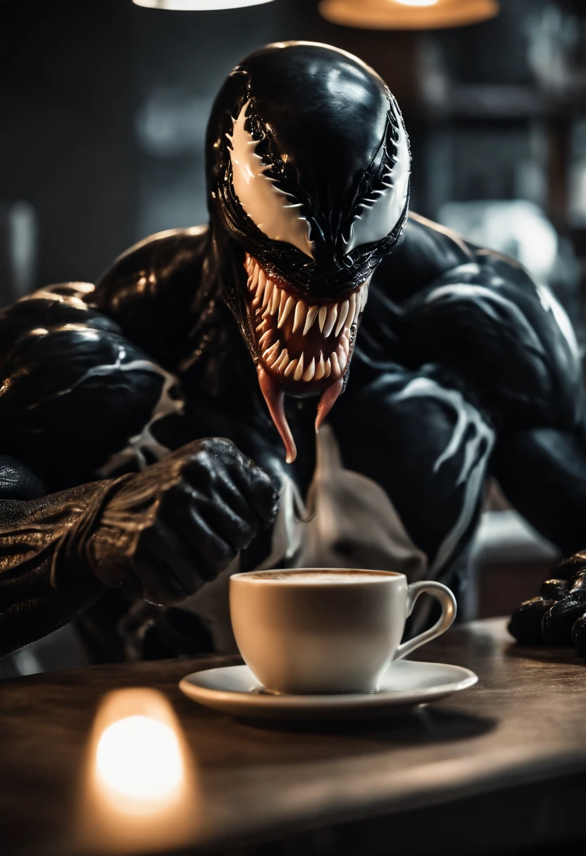 Venom working as a barista, serving coffee, hyper detail, crystal clear image, drinking coffee with his long tongue