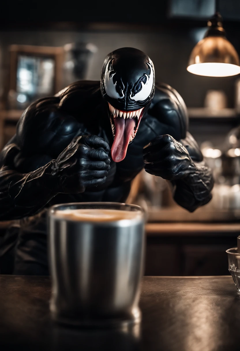 Venom working as a barista, serving coffee, hyper detail, crystal clear image, drinking coffee with his long tongue