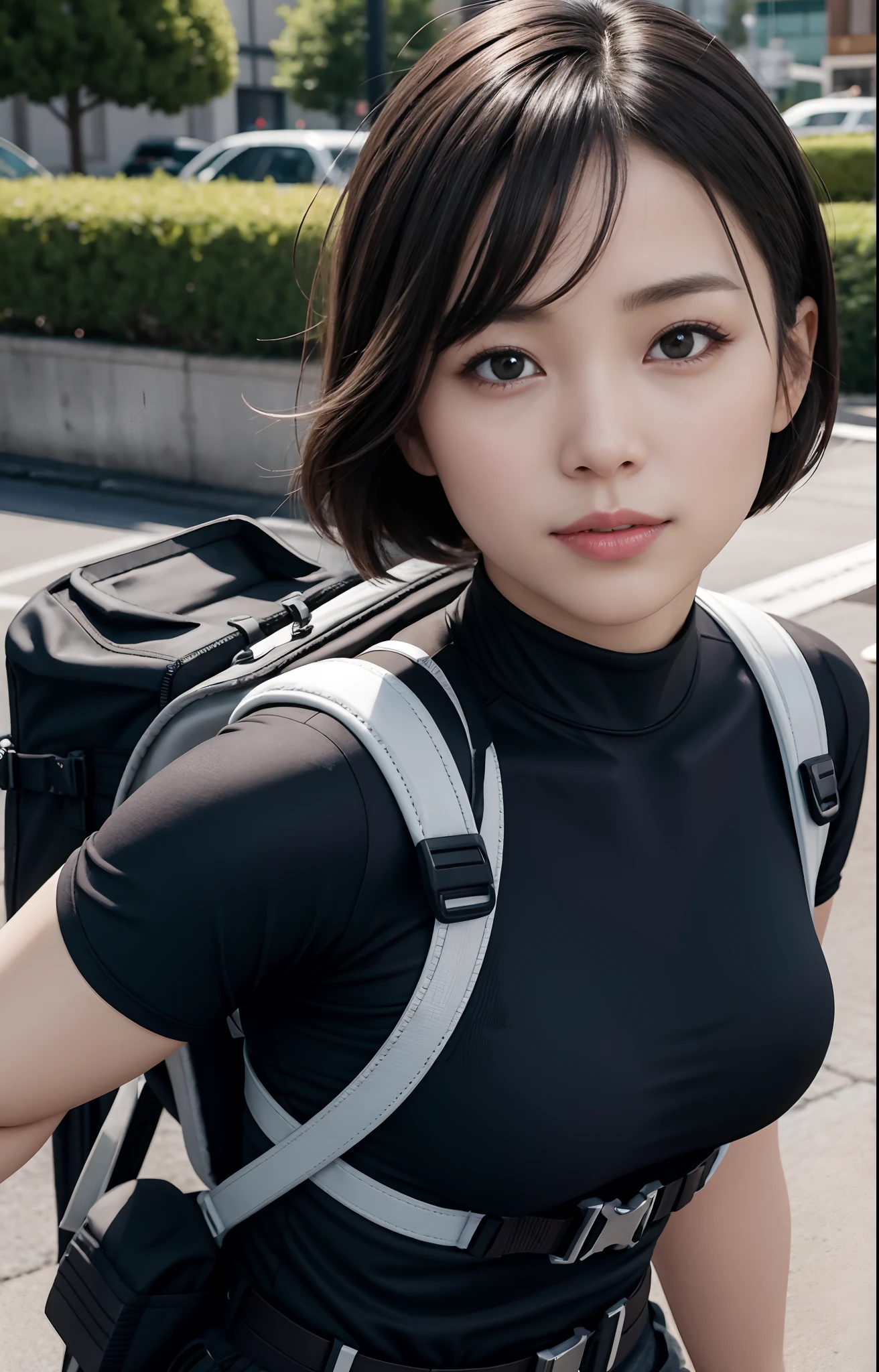 Highest image quality, outstanding details, ultra-high resolution, (realism: 1.4), ((close up:0.55, from front)), Photorealistic, highly condensed 1 lady, full body, short hair, Combat pose, (Detailed face), looking at the viewer, (chubby:0.35), (cloths color black:0.4 white:0.5 other-color:0.1), (wearing warm rash-guard likes police uniform, gloves, military harness, carrying hich-tech-backpack), background grey, Fingers are occluded