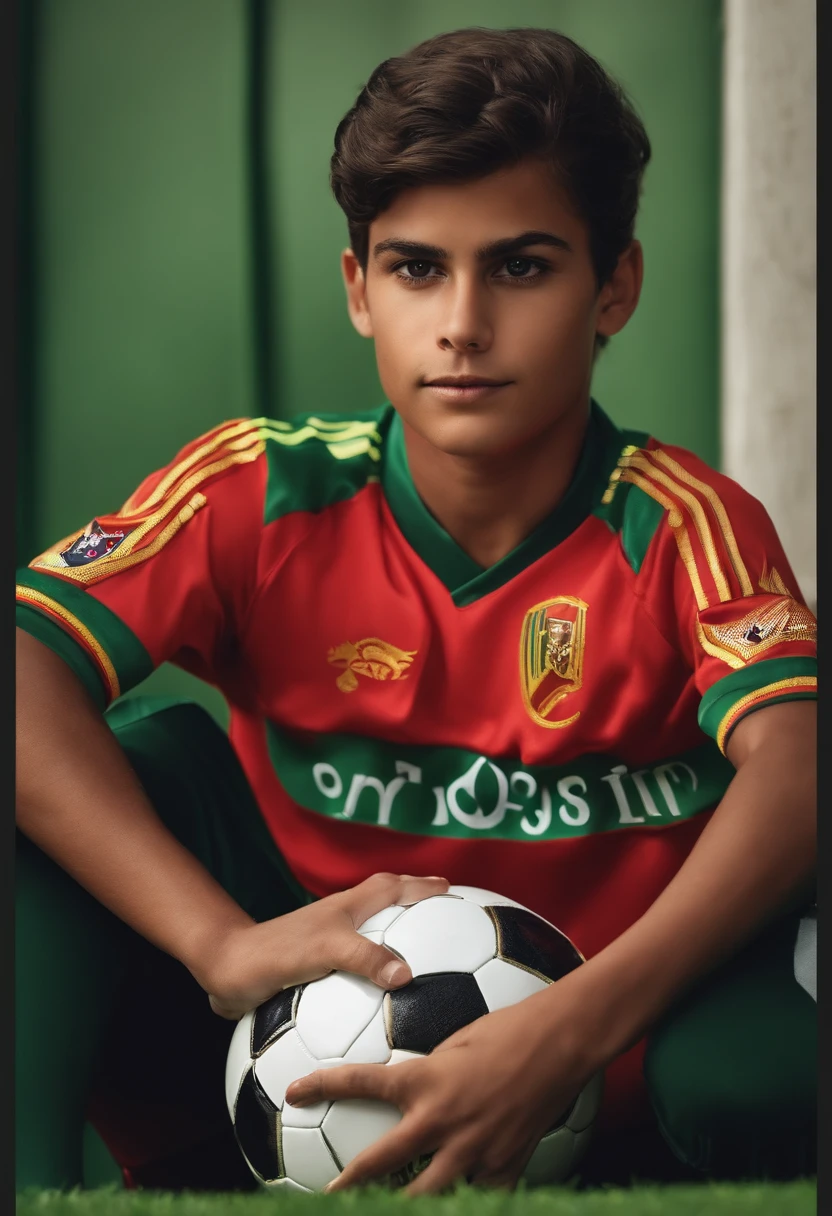 Menino com um moicano verde, com uniforme de futebol