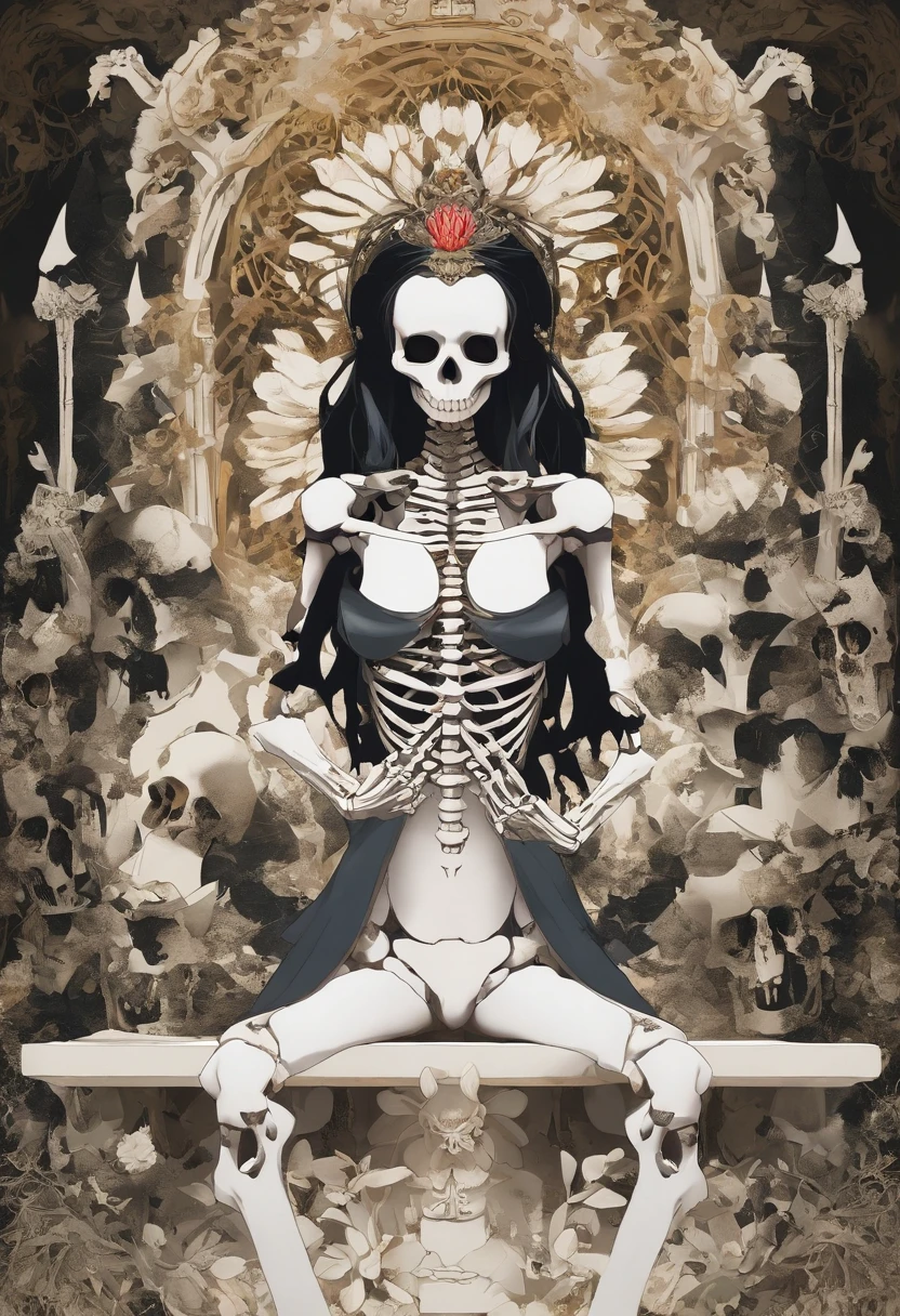 (1 Evil、Strange Bodhisattva), (ssmile, big breasts beautiful,Close your eyes, Super detailed face), (A crown made of white bone:1.2), (beautiful countenance、Dry body,Dress coolly:1.2), (Sit on the white bone lotus platform,by white bones、A lotus platform composed of skeletons and corpses:2.0), (uncanny,Ghastly,Terrible temperament:1.5), (Sit cross-kneeled:1.5), (Dark and eerie,Shades of horror,Use creepy lighting:1),(Has six arms,Holding human heads and evil weapons:1.3),(Realistic picture,Complete body:1.4)