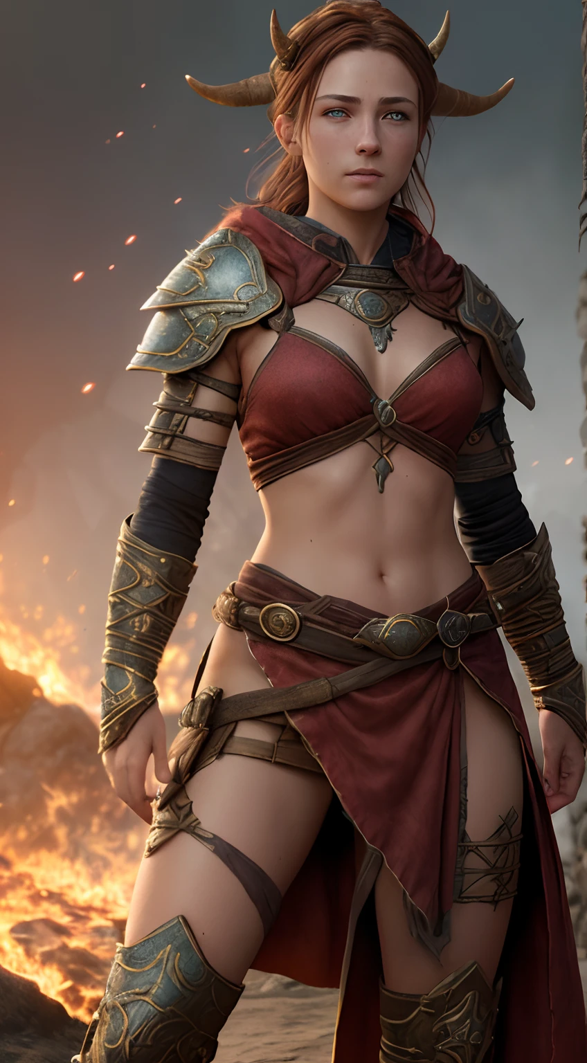 hdr, photoreal render, primitive, Detailed, Intricate details, (full bodyesbian:1.1), D&d character,
Female mage warrior, (blushed skin:1.3), boot,battle, Side Chest, Clean and nice face, Horns, Red eyes,
Craig Mullins, Clear forehead, disarm,