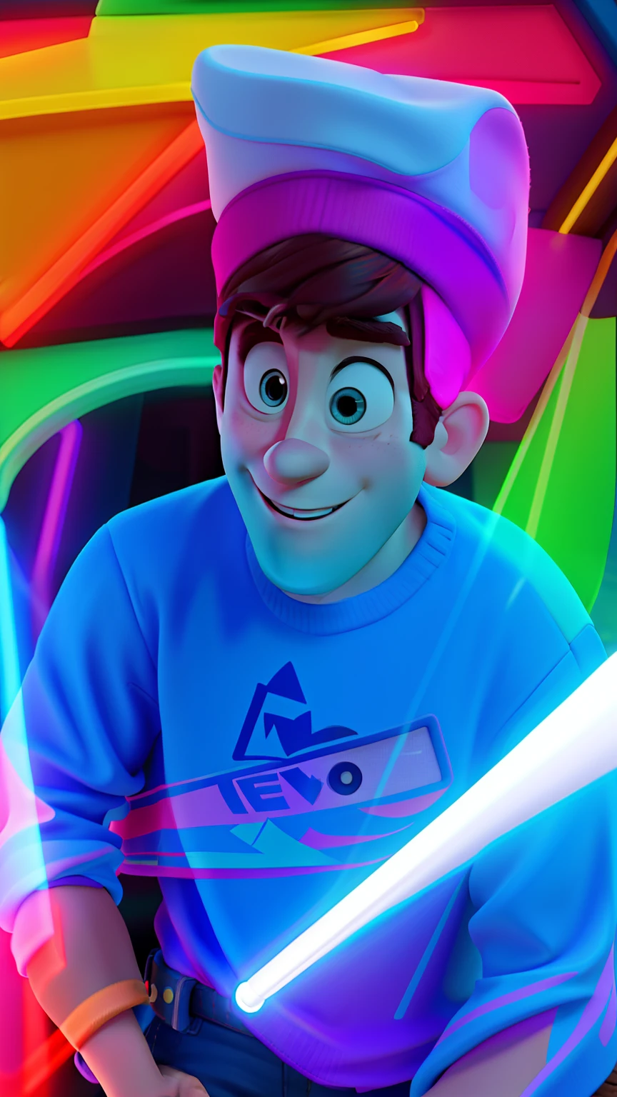 Poster no estilo Disney pixar, alta qualidade, melhor qualidade, White man in cap, com fundo colorido e luzes neon