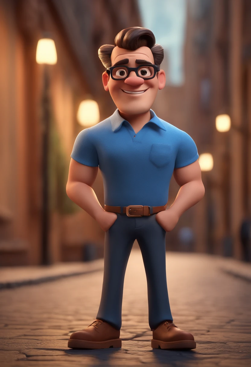 Cartoon character of a man with black glasses and a blue shirt, animation character, Caractere estilizado, animation style rendering, 3D estilizado, Arnold Maya render, 3 d render stylized, toon render keyshot, Personagem 3D, Personagem 3D, 3d rendering stylized, 3 d character render, personagem de desenho animado, Personagem de close up, Pose de personagem,  (Estilo Pixar) (master part:1.2) (Bokeh) (best quality) (pele detalhada) (textura detalhada) (8k) (argila) (Cinematic lighting) (foco nítido
