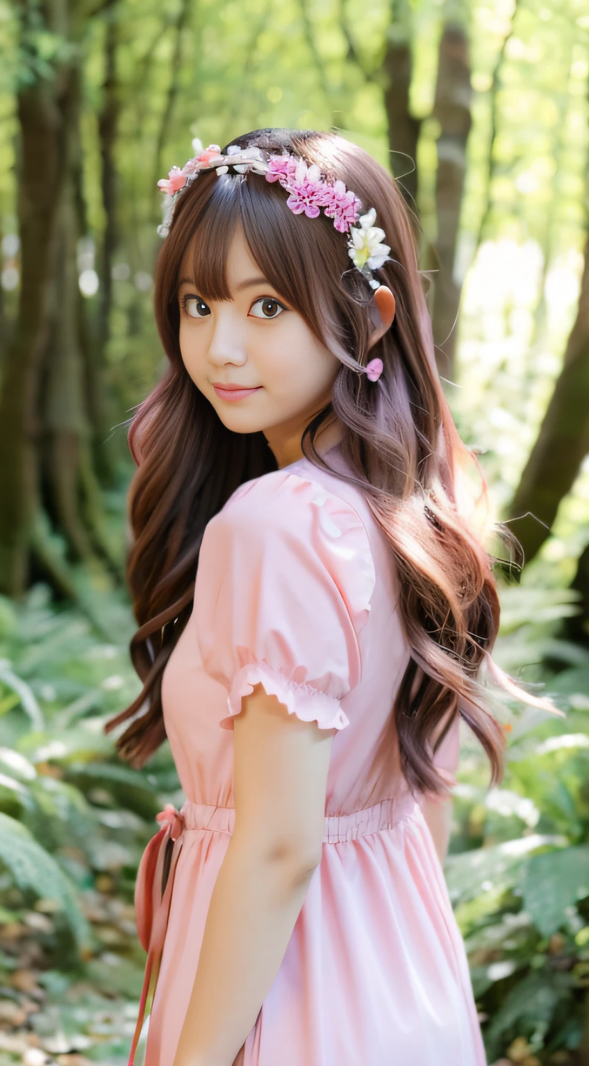 masutepiece, Best Quality,Raks BK, 1girl in, Solo, Long hair, Pink Hair Band, Very long hair, Brown eyes, Hair Ornament, Komono, Detached sleeves,In the forest,fully body photo、Beautiful images,fullbody image,kawaii faces,Aimi Enozawa,校服,