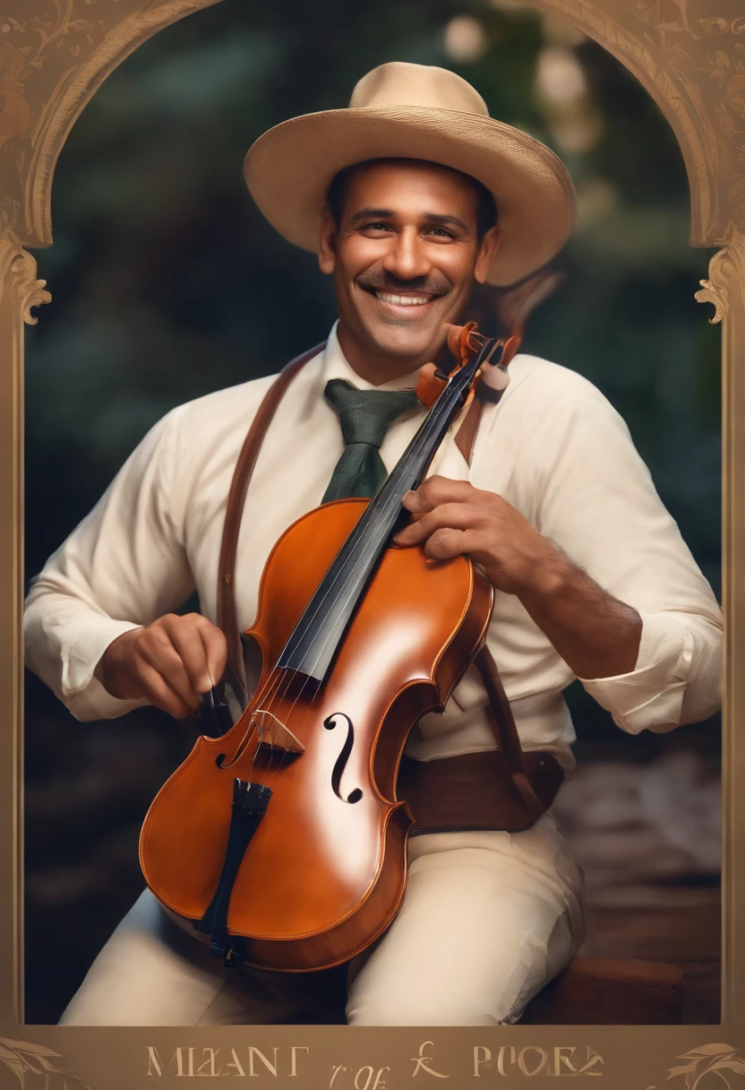 crie um banner no estilo Pixar. A gentleman with Brazilian features, cor moreno parda com chapeu e cabelos curtos, possui um pequeno cavanlhaque, happy appearance, usando uma camiseta, Holding a 4-string viola de coxo typical of the Mato Grosso region