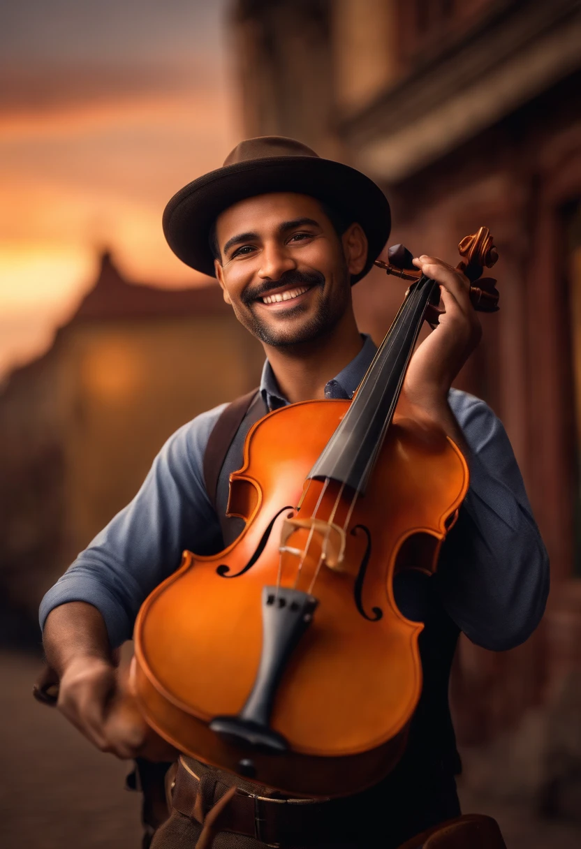 crie um banner no estilo Pixar. A gentleman with Brazilian features, cor moreno parda com chapeu e cabelos curtos, possui um pequeno cavanlhaque, happy appearance, usando uma camiseta, Holding a 4-string viola de coxo typical of the Mato Grosso region