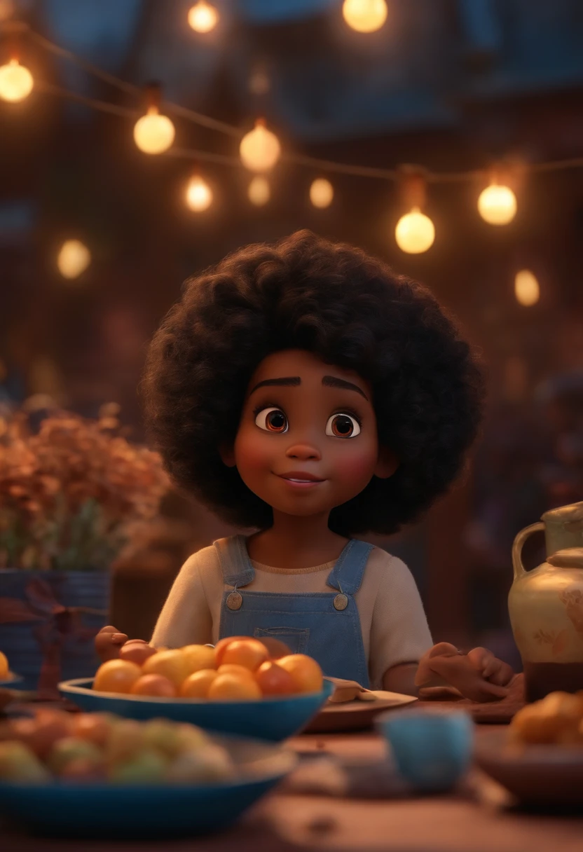 Um filme inspirado na Disney Pixar (MENINA NEGRA JOVEM COM CABELO LONGO CACHEADO PRETO) dentro A cena estar na arte distinta do estilo PIXAR, descolada e estilosa