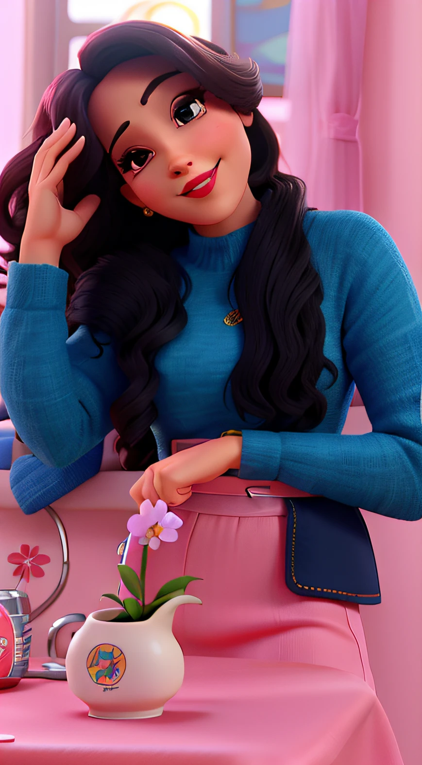 Mulher de 30 anos, cabelos pretos, cor de pele branca, wearing a pink lipstick on her lips, de blusa azul estilo Disney pixar, em alta qualidade, melhor qualidade