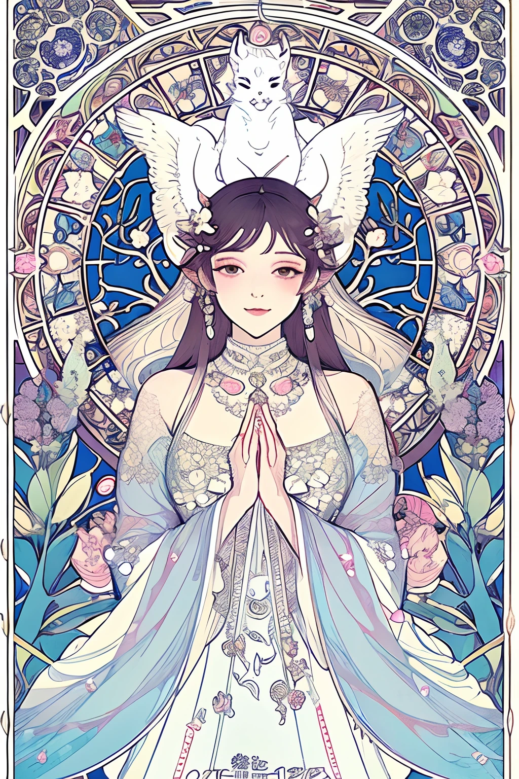 hight resolution、masterpiece、delicate、The ultra-detailliert、Overall bright impression、Beautiful princess in white dress in the center、Illustrations drawn by Mucha、Surrounded by 5 gargoyles。