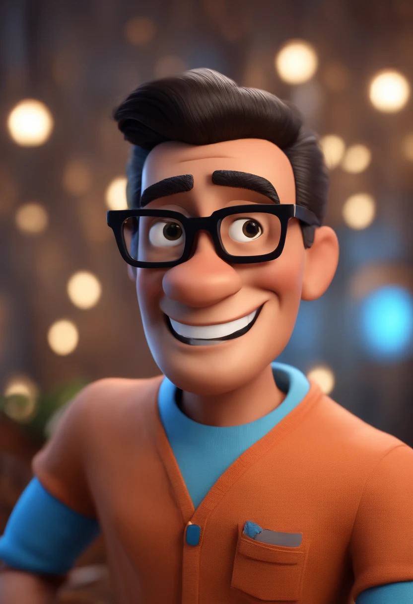 Cartoon character of a man with black glasses and a blue shirt, animation character, Caractere estilizado, animation style rendering, 3D estilizado, Arnold Maya render, 3 d render stylized, toon render keyshot, Personagem 3D, Personagem 3D, 3d rendering stylized, 3 d character render, personagem de desenho animado, Personagem de close up, Pose de personagem, (Estilo Pixar) (master part:1.2) (Bokeh) (best quality) (pele detalhada) (textura detalhada) (8k) (argila) (Cinematic lighting) (foco nítido