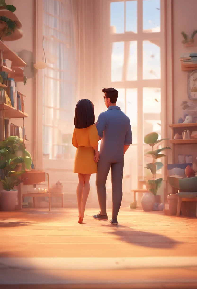 An illustration of an adorable couple, destacando um homem e uma mulher com bonito, Expressive eyes – the man's skin is black and the man's hair is bald and black, while the woman's skin is black and the woman's hair is curly and brown. They are a bright room, cada um com um sorriso no rosto, e compartilhar um momento especial caracterizado pelo amor, arroz, e insights educacionais. Illustrate this scene from a perspective where they are facing away from the camera, Showing Your Connection. Desenvolva esta arte em Full HD, Focus on your cinematic touch, Estilo Disney Pixar Animations