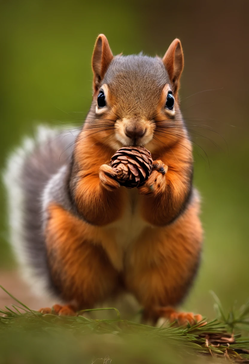A small squirrel taken home with a pine cone with a cheerful expression,