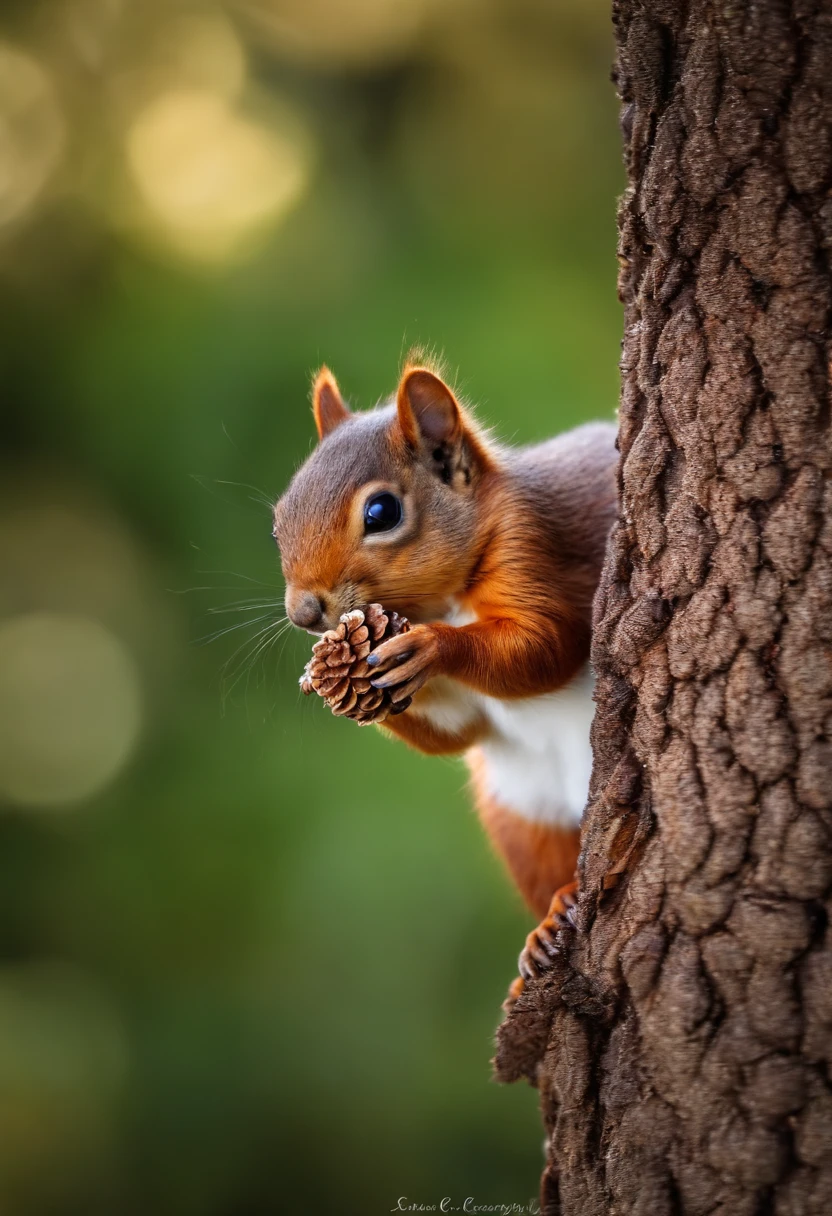 A small squirrel taken home with a pine cone with a cheerful expression,