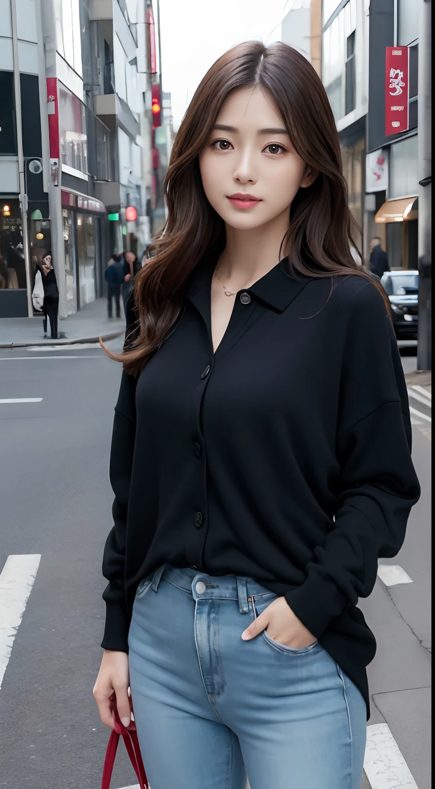 (A hyper-realistic), (hight resolution), (8K), (ighly detailed),  (beatiful detailed eyes), (top-quality), (ultra-detailliert), (​masterpiece), (Detailed face), A Japanese Lady、softfocus、without background、Beautiful adult Japan woman、Solo、Extremely beautiful face、Detailed depictions of eyes and hair、Long、With dark hair、With an angle that looks like it was taken by a professional photographer、In the daytime with proper lighting、On the face of Satomi Ishihara、Black polo shirt with red knit cardigan、Oversized White Down Jacket、In skinny jeans、Fashionable clothes、Posing like a model、looking at me、With a cute smile、