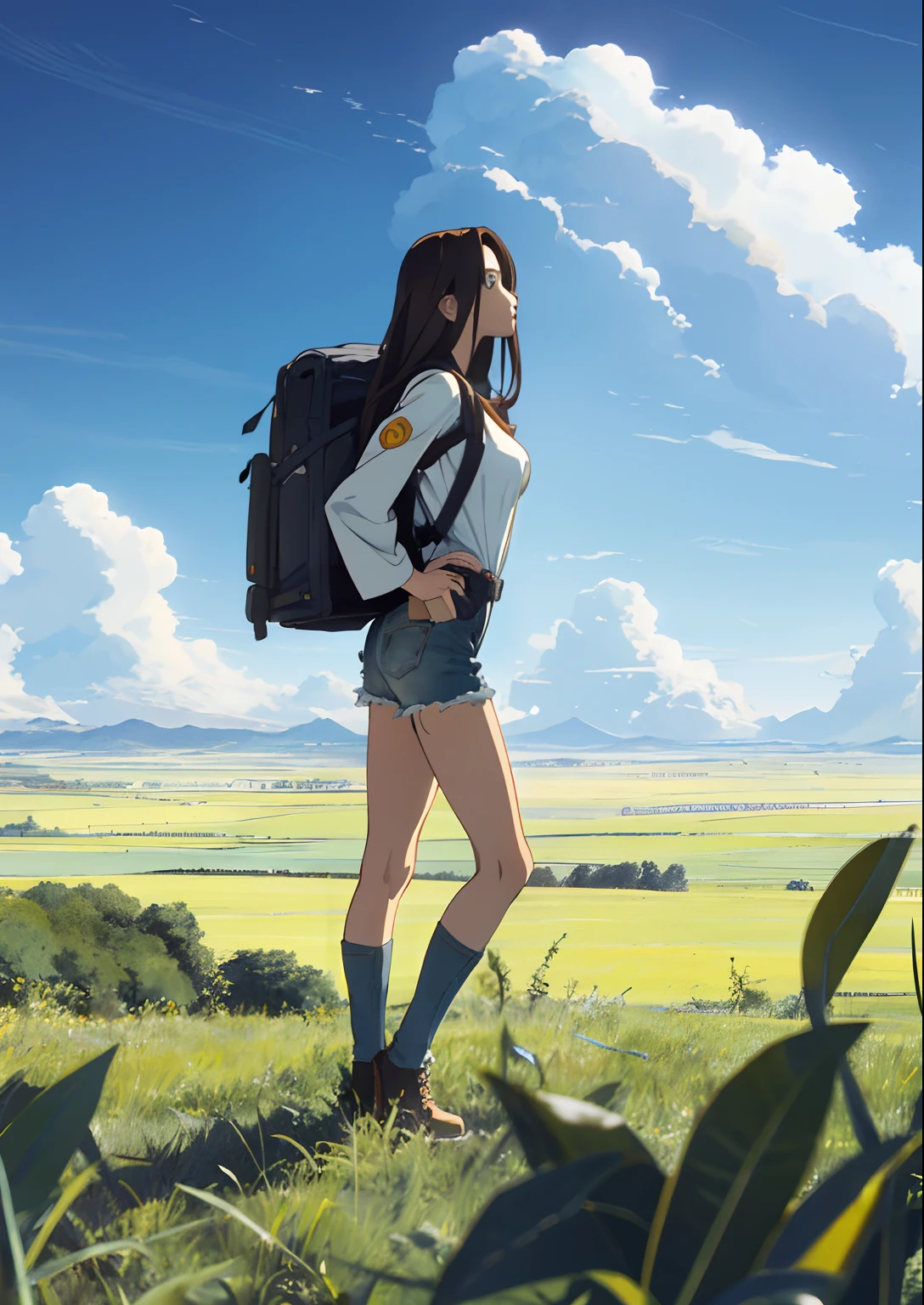 Anime girl with backpack standing in a field of grass - SeaArt AI