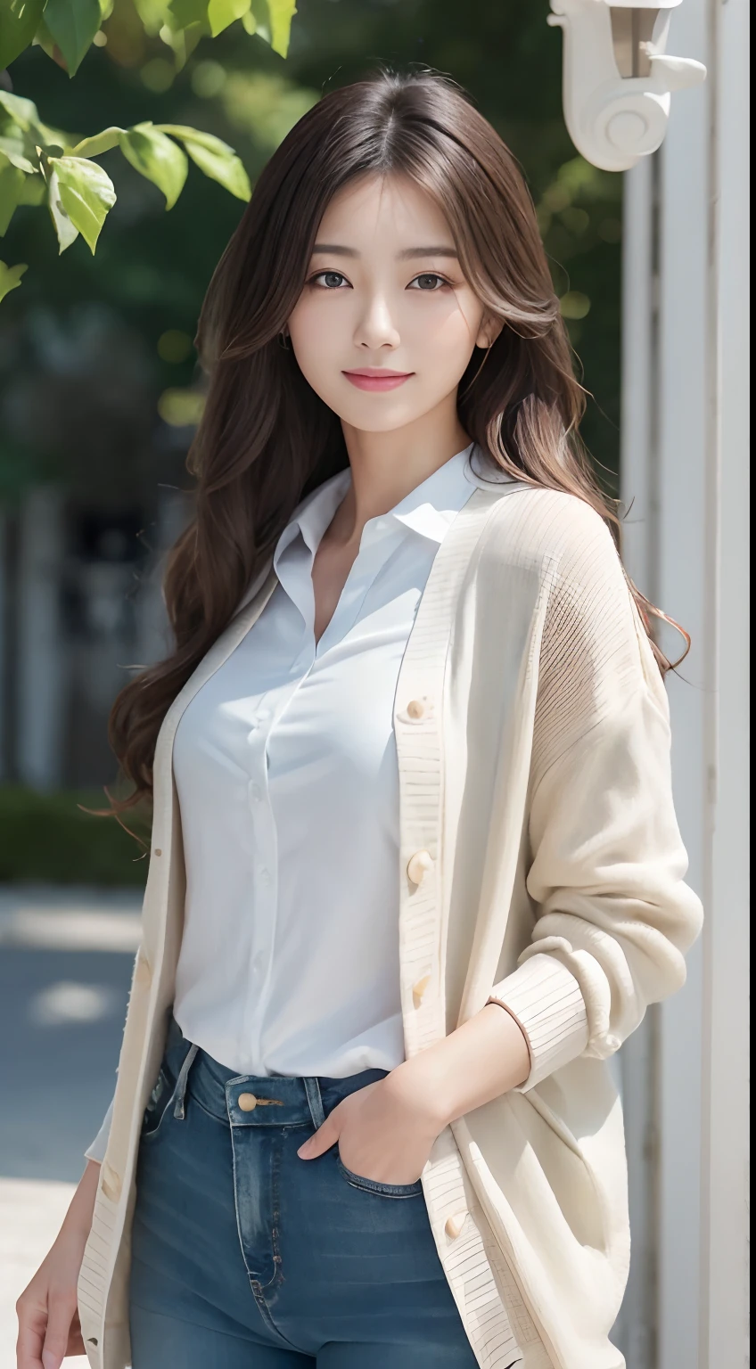 (A hyper-realistic), (hight resolution), (8K), (ighly detailed), (beatiful detailed eyes), (top-quality), (ultra-detailliert), (masterpiece), (Detailed face), A Japanese Lady、softfocus、without background、Beautiful adult Japan woman、Solo、Extremely beautiful face、Detailed depictions of eyes and hair、Semi-long curly hair、With dark hair、With an angle that looks like it was taken by a professional photographer、In the daytime with proper lighting、On Yu Aoi's face、White polo shirt with Yamabuki-colored cardigan、Oversized White Down Jacket、In skinny jeans、Fashionable clothes、Posing like a model、looking at me、With a cute smile、