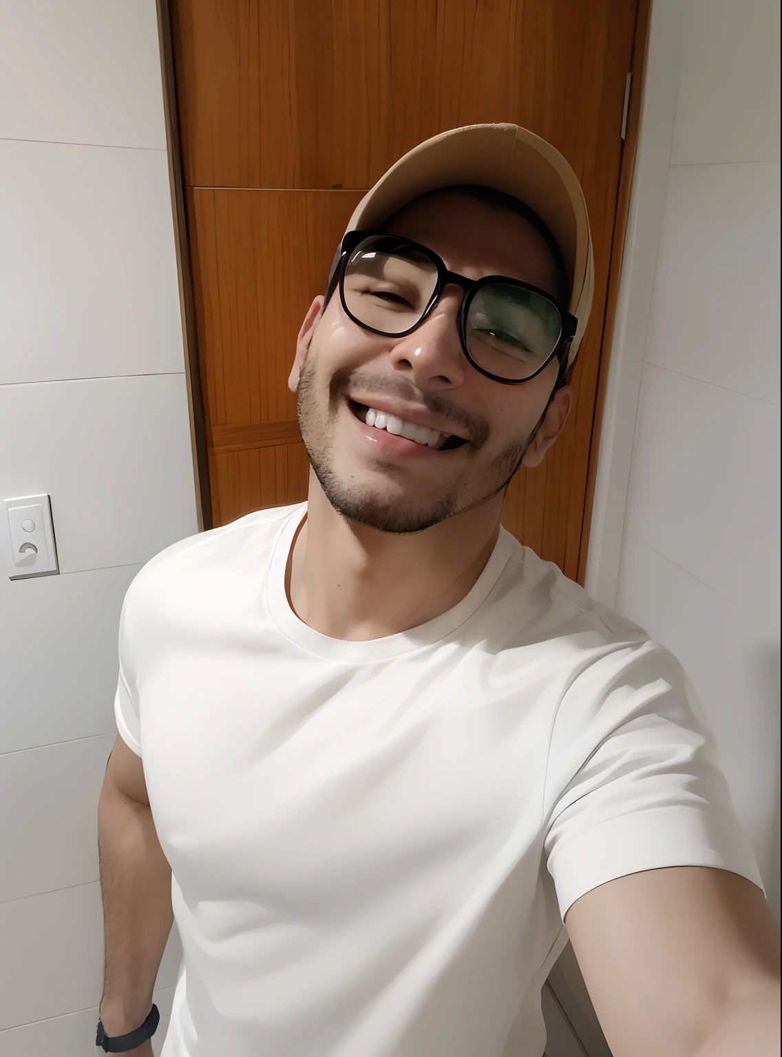 there is a man taking a selfie in a bathroom mirror, caio santos, Carmelo Blandino, leve sorriso nerd, 2 7 anos, david rios ferreira, 2 8 anos, selfie de um homem, icaro carvalho, 2 9 anos, he's smiling, 3 2 anos, Fotografia selfie 8k, happily smiling at the camera