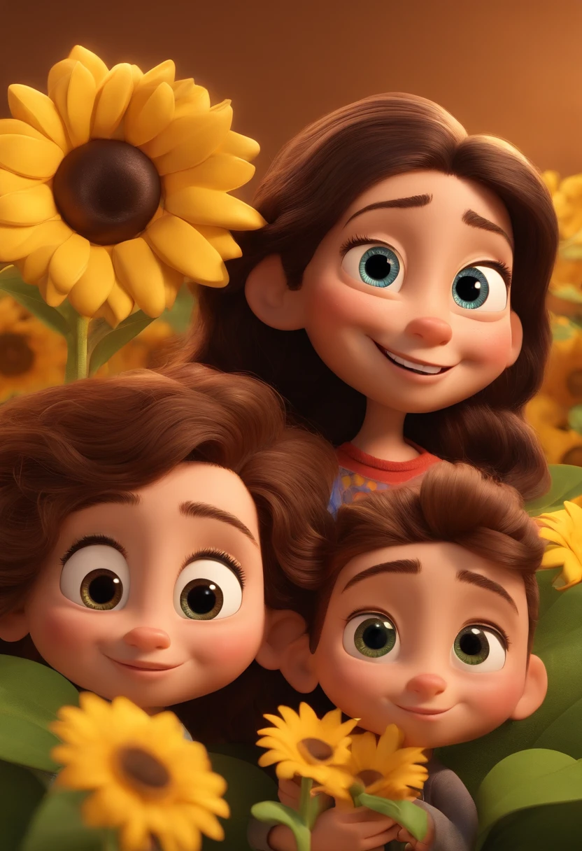 Create a Disney PIXAR-style 3D poster. ((centro da imagem, Triplets)), ((3 )) ((1 menino no meio e 2 meninas ao lado, They're hugging each other, O menino tem pele castanha e cabelos castanhos escuros e olhos castanhos escuros, 1 menina tem pele clara, olhos e cabelos escuros e cacheados, e a outra menina tem pele morena, olhos escuros e cabelos escuros e lisos)) ((tudo isso no estilo Disney PIXAR 3D, In the background, A house of sunflowers, Gloria Studio, The garden is full of nature 3D render RTX clay material, estilo de design cartunesco, POP Mart, soft lighting, linhas suaves, Spring tilt, Detailed illustrations of PIXAR 3D, Detalhes hiper-realistas, cor quente no estilo Disney PIXAR 3D))