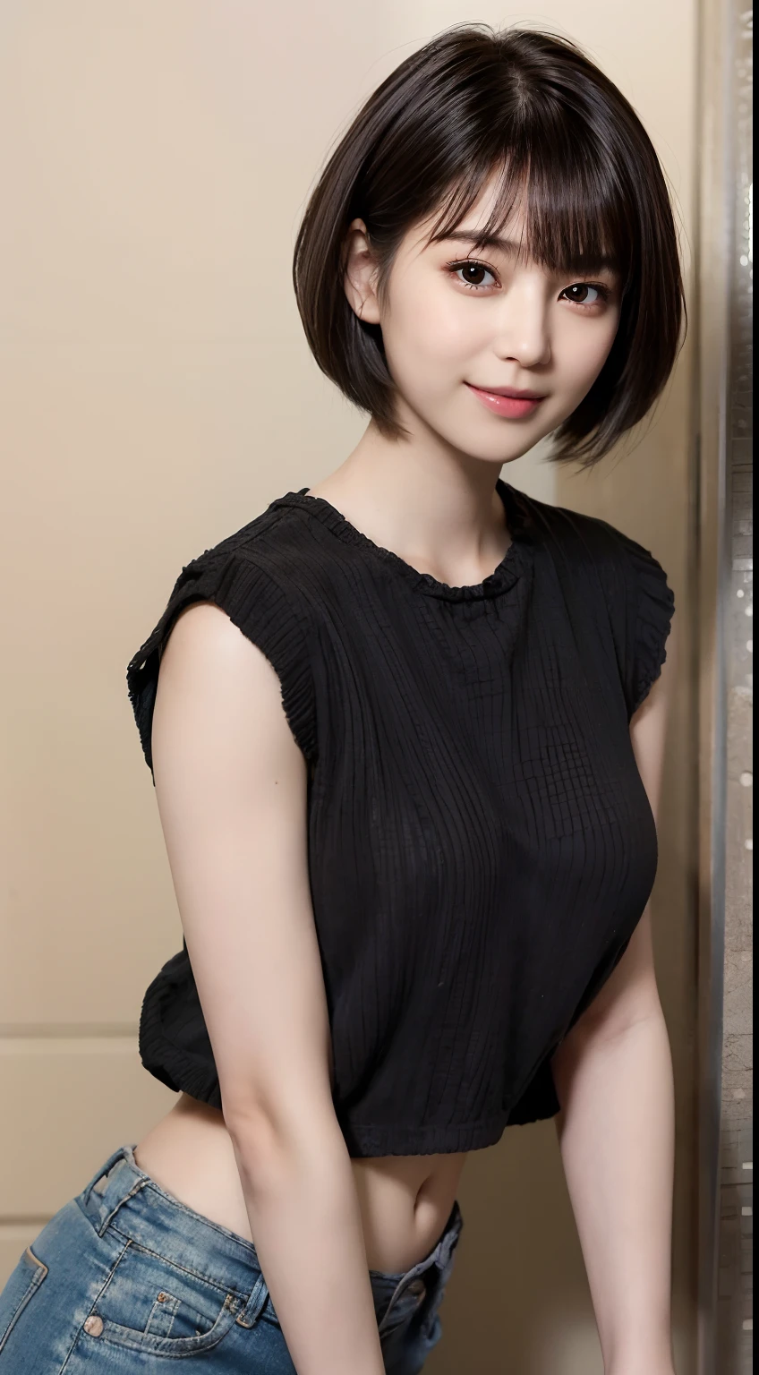 81
(a 20 yo woman,is standing), (A hyper-realistic), (Masterpiece), ((short-hair:1.46)), (Smooth black hair), (breast:1.0), (kindly smile)