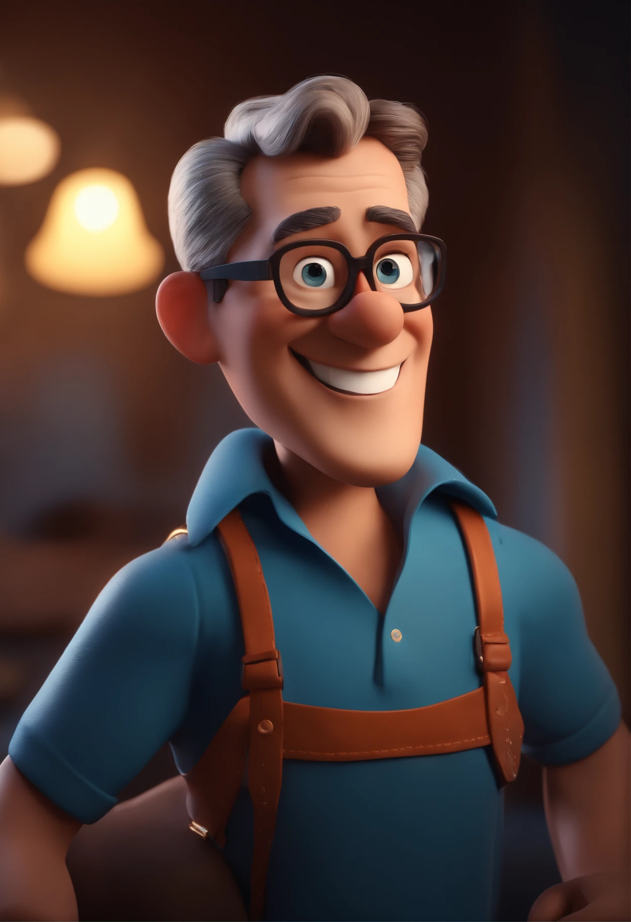 Cartoon character of a man with black glasses and a blue shirt, animation character, Caractere estilizado, animation style rendering, 3D estilizado, Arnold Maya render, 3 d render stylized, toon render keyshot, Personagem 3D, Personagem 3D, 3d rendering stylized, 3 d character render, personagem de desenho animado, Personagem de close up, Pose de personagem,  (Estilo Pixar) (master part:1.2) (Bokeh) (best quality) (pele detalhada) (textura detalhada) (8k) (argila) (Cinematic lighting) (foco nítido