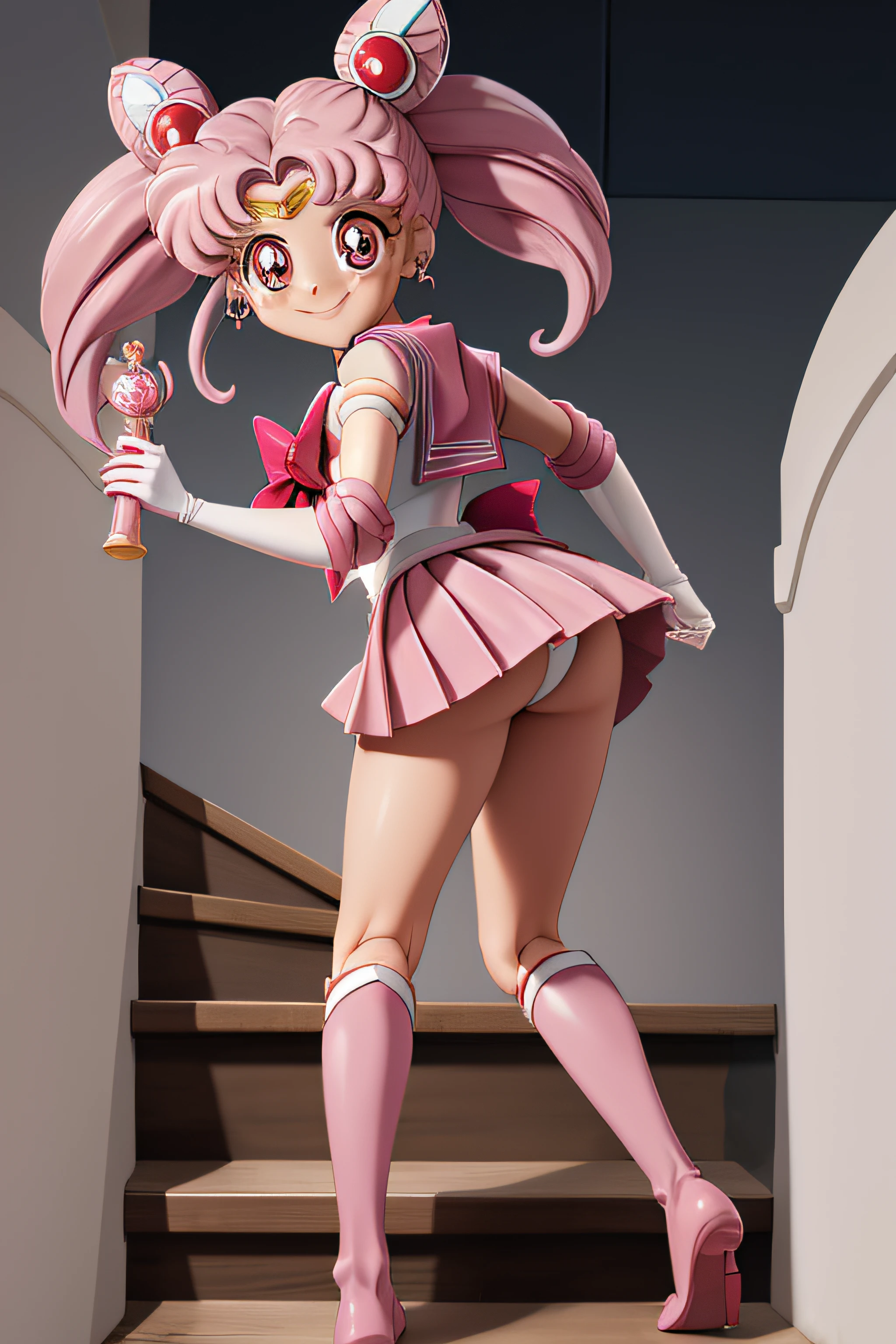 masterpiece, best quality, absurdres, perfect antomy, 1girl, solo, SMMoon, 1990s \(style\), sailor chibi moon pink hair, pink pupils eyes, climbing the stairs up, close-up, smile, cowboy shot, sailor senshi uniform pink, pink sailor collar, Pink pleated skirt, elbow gloves, in back pose, show her booty, backwards, no thong on  big booty, full body, aausagi,  close-up booty