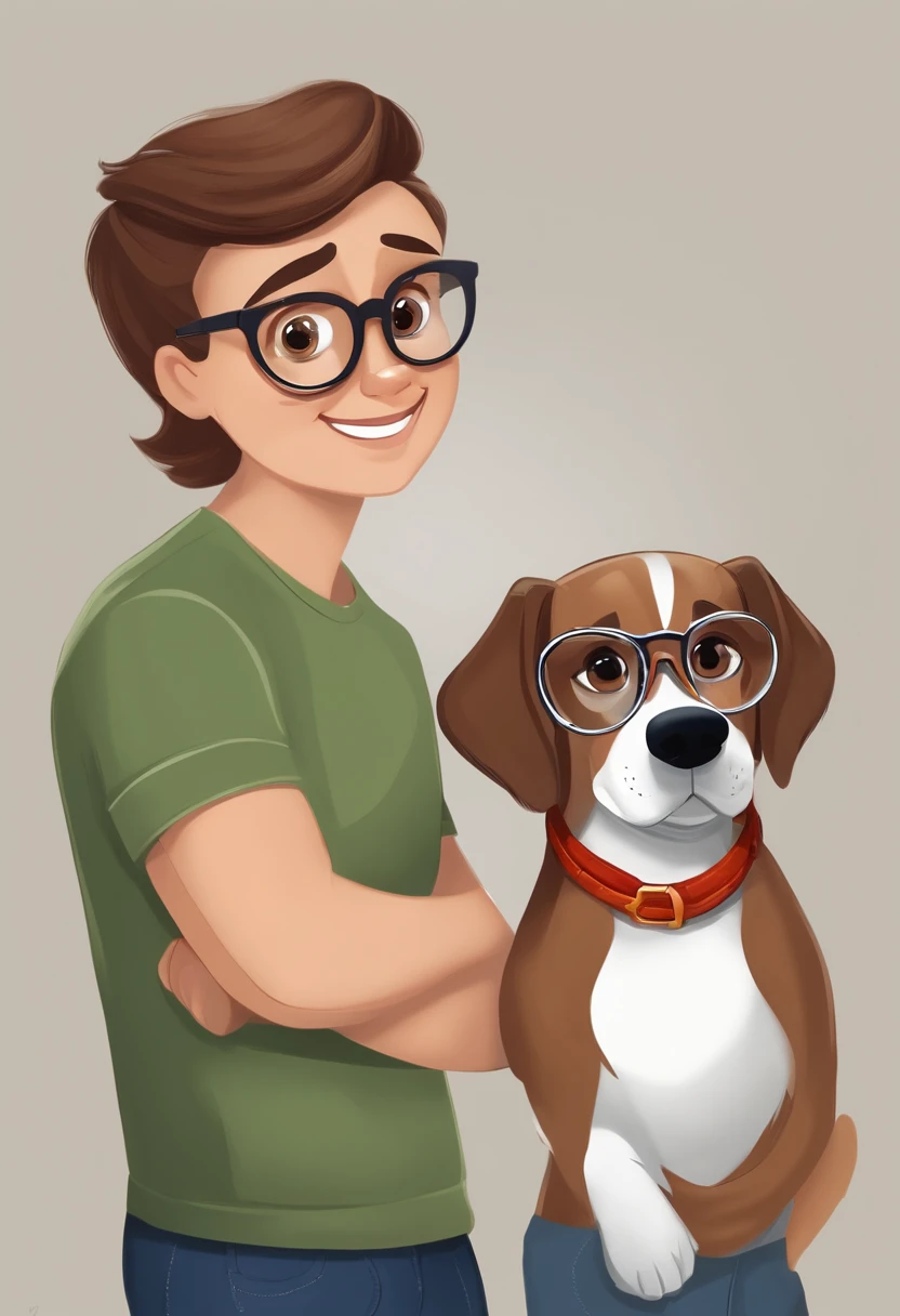 Pixar. Casal com um filhote de cachorro beagle marrom. A tem os cabelos escuro amarrados, With eye Glasses, Camiseta cinza e jeans claro, white glasses. O meninobelo loiro, olhos verdes, sem barba, sem oculos, Dark blue jeans and gray t-shirt. They are both smiling and are 25 years old