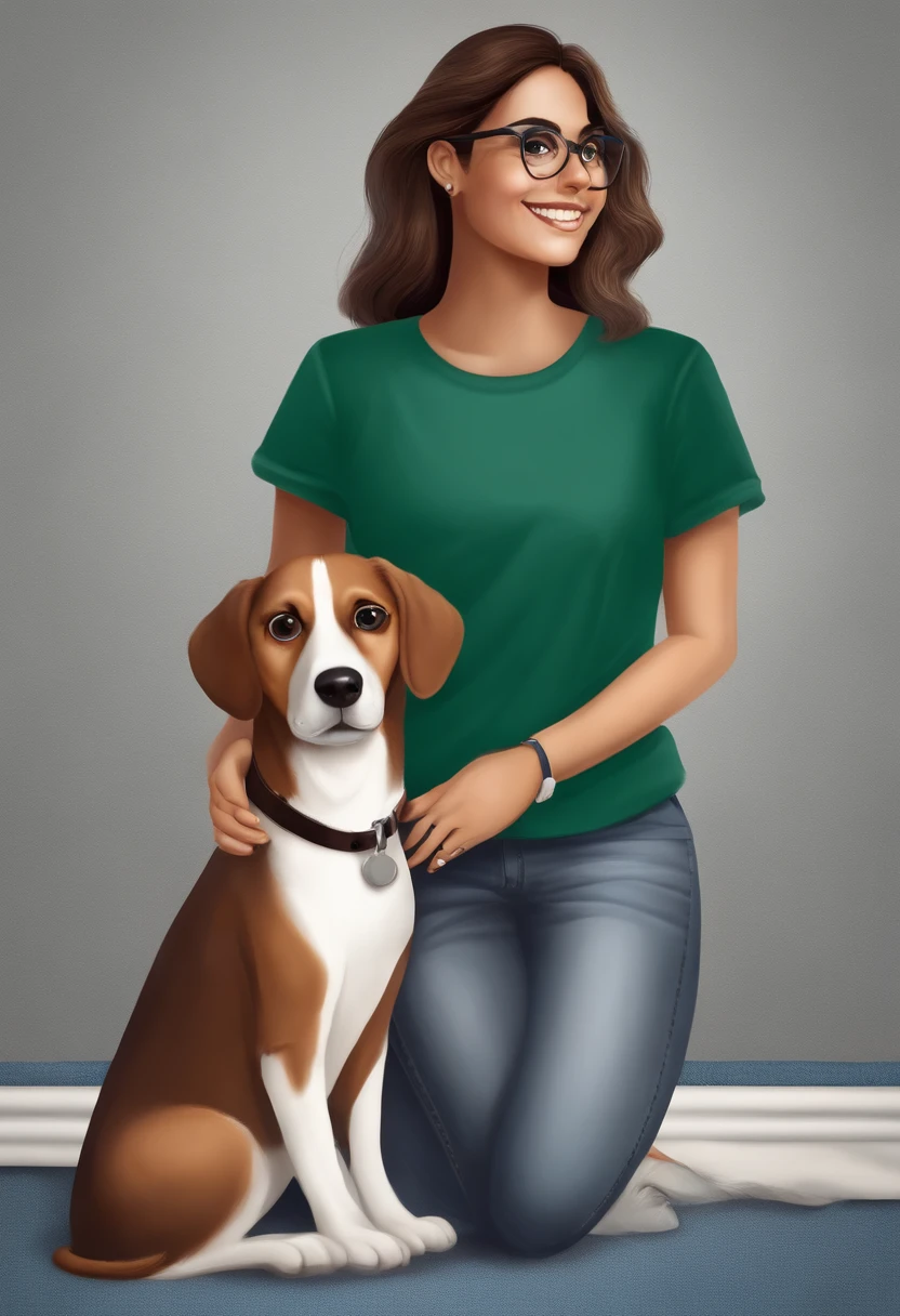 Pixar. Casal com um filhote de cachorro beagle marrom. A menina tem os cabelos escuro amarrados, With eye Glasses,  Camiseta cinza e jeans claro, white glasses. O menino de cabelo loiro, olhos verdes, sem barba, sem oculos, Dark blue jeans and gray t-shirt. They are both smiling and are 25 years old